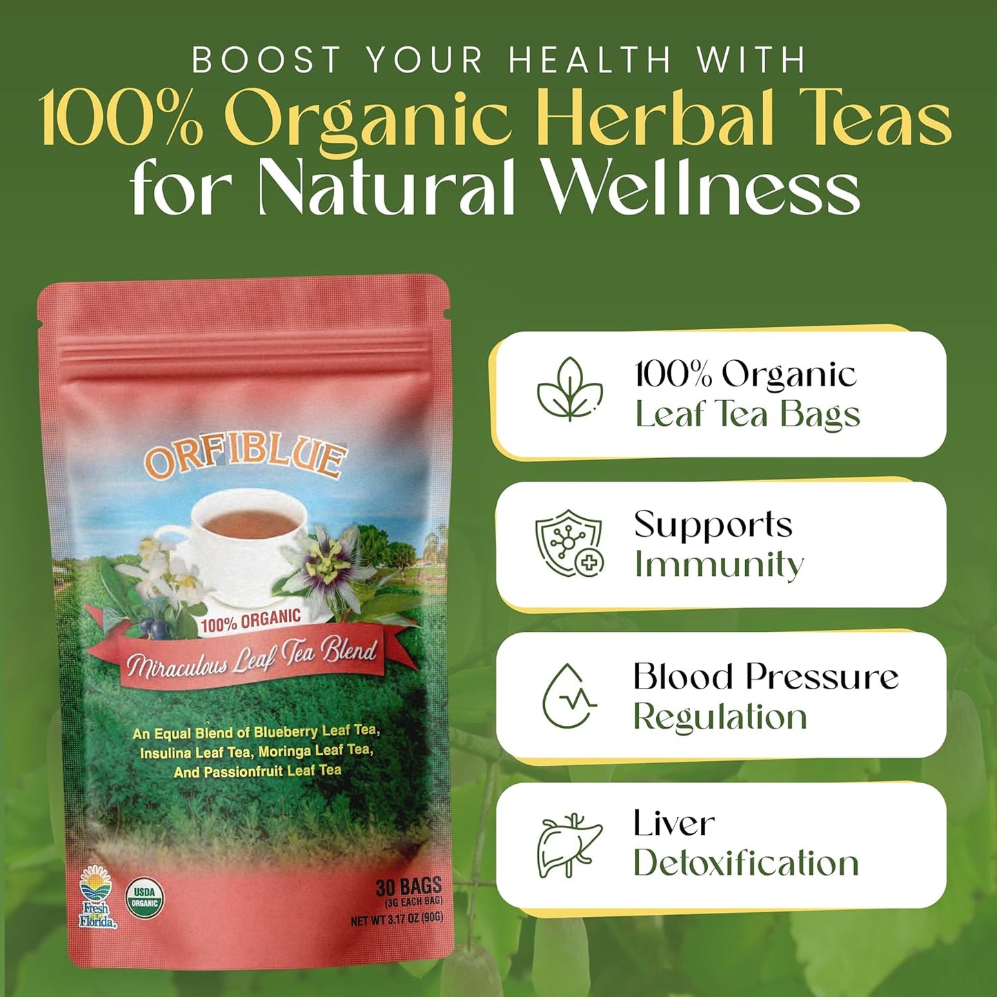 100% Organic Miraculous Leaf Tea bags | Organic Herbal Teas | Premium Quality & Flavorful Blends - 0 Sugars, 0 Carbs, 0 Fats, 1% Sodium (25mg) | Rich in Vitamins - Detox, Immunity, Wellness & More