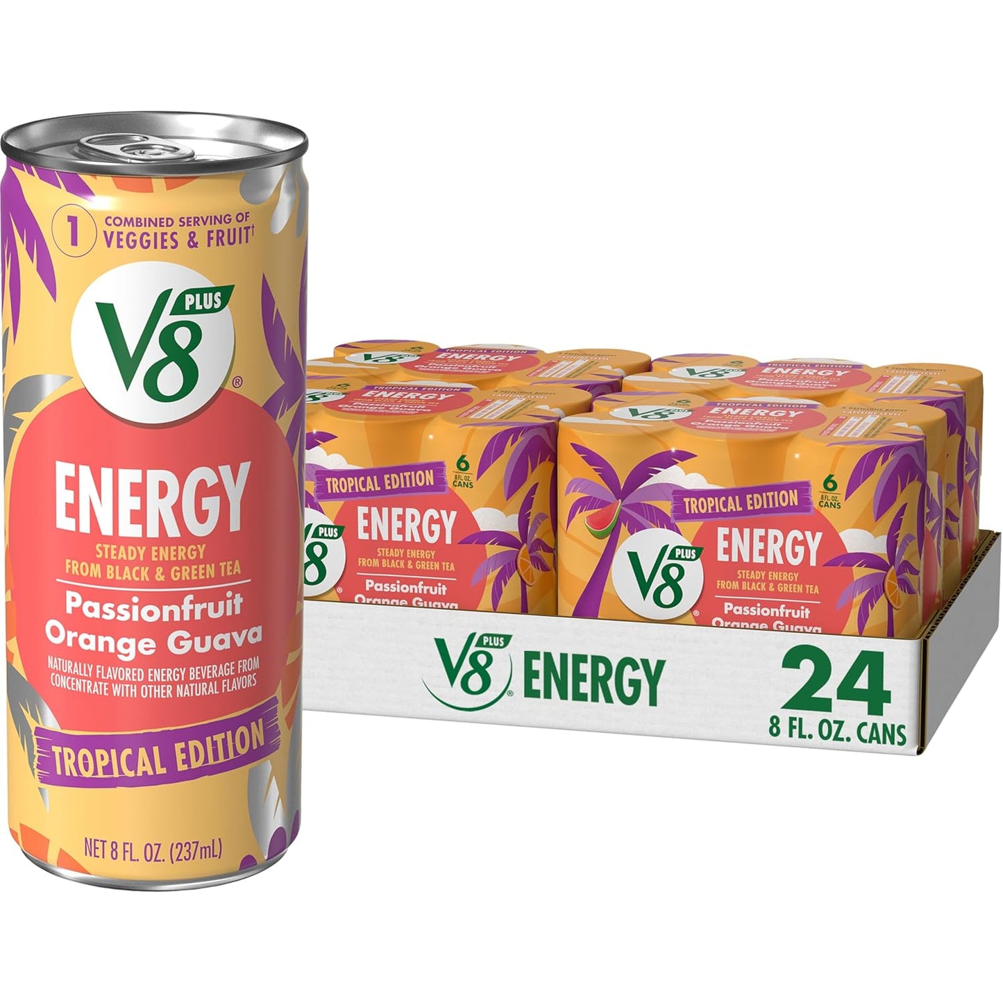 V8 +Energy Passionfruit Orange Guava Juice Energy Drink, 8 fl oz Can (24 Pack)