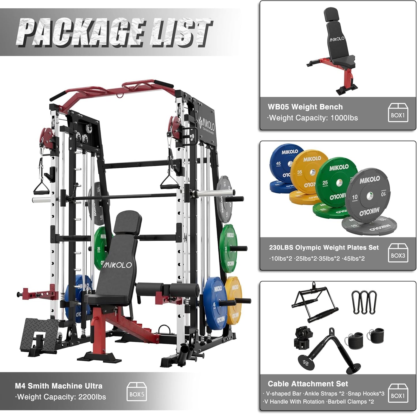 Mikolo Smith Machine, 2200lbs Squat Rack with LAT-Pull Down System & Cable Crossover Machine, Training Equipment with Leg Hold-Down Attachment