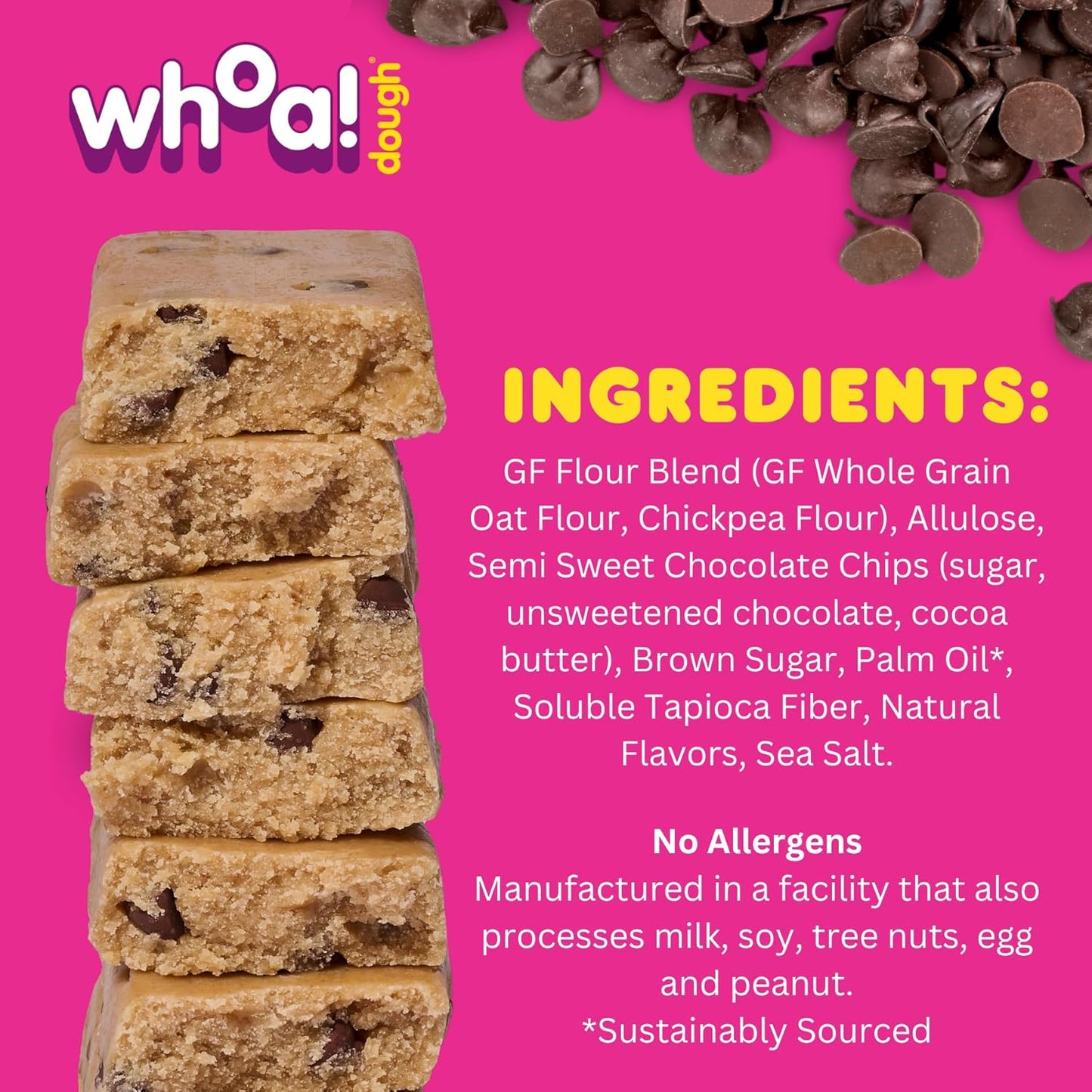 Whoa Dough Edible Cookie Dough Bars- Certified Non-GMO, Kosher and Gluten Free Bars - Healthy Snack Foods - Plant Based Snacks Made With Real Ingredients - Chocolate Chip Cookie Dough - 10 Pack