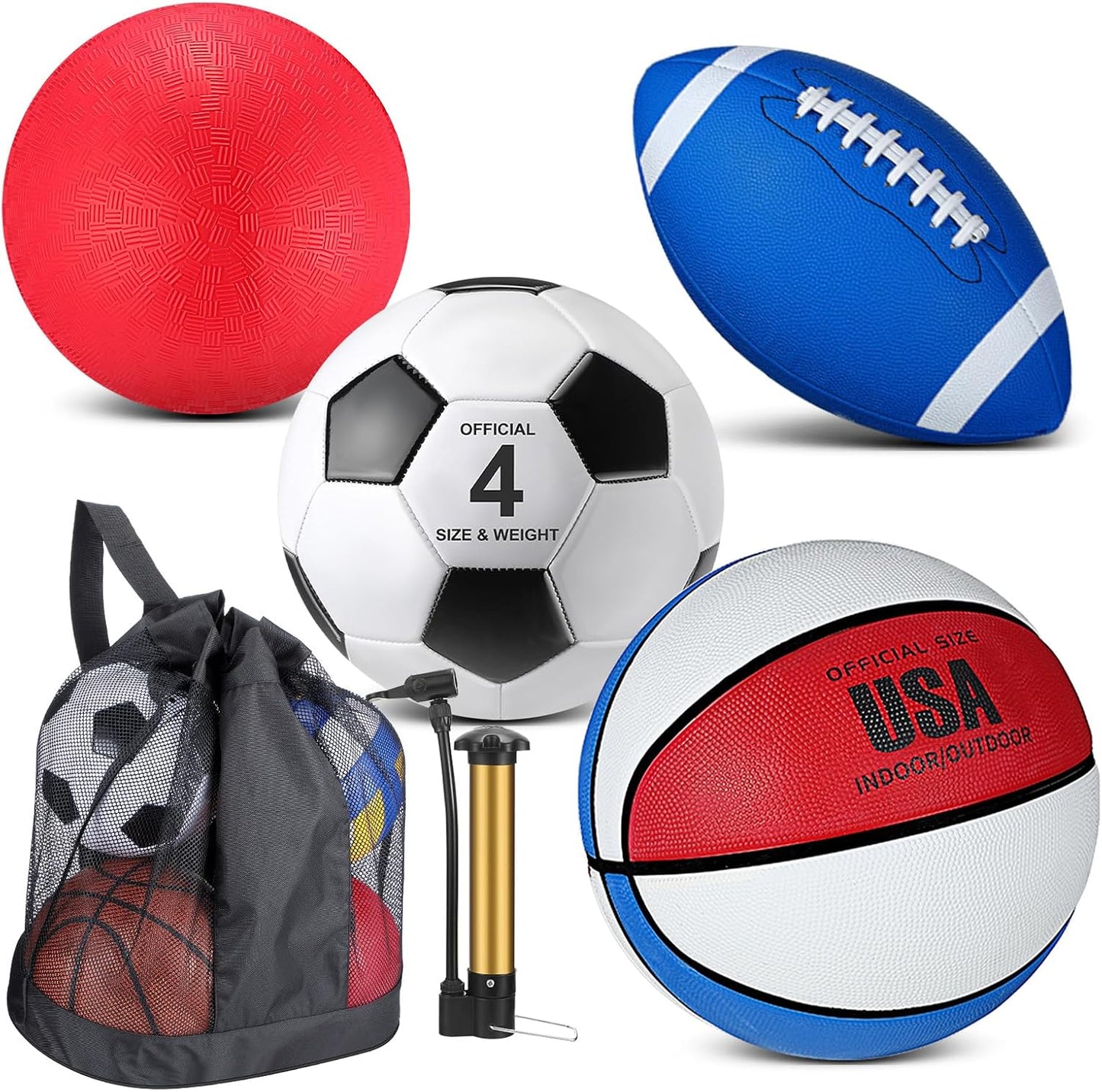 Deekin 4 Pcs Sport Balls Set for Kids Teens, Include Official Size 5 Basketball 4 Soccer 6 Football Playground Ball and Pump Sports Equipment Bag Recess Equipment Sport for Students(Bright Color)