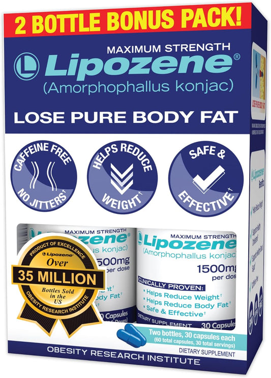 Lipozene - Weight Loss Supplement Diet Pills - Appetite Suppressant and Control - Two Bottles 60 Capsules Total