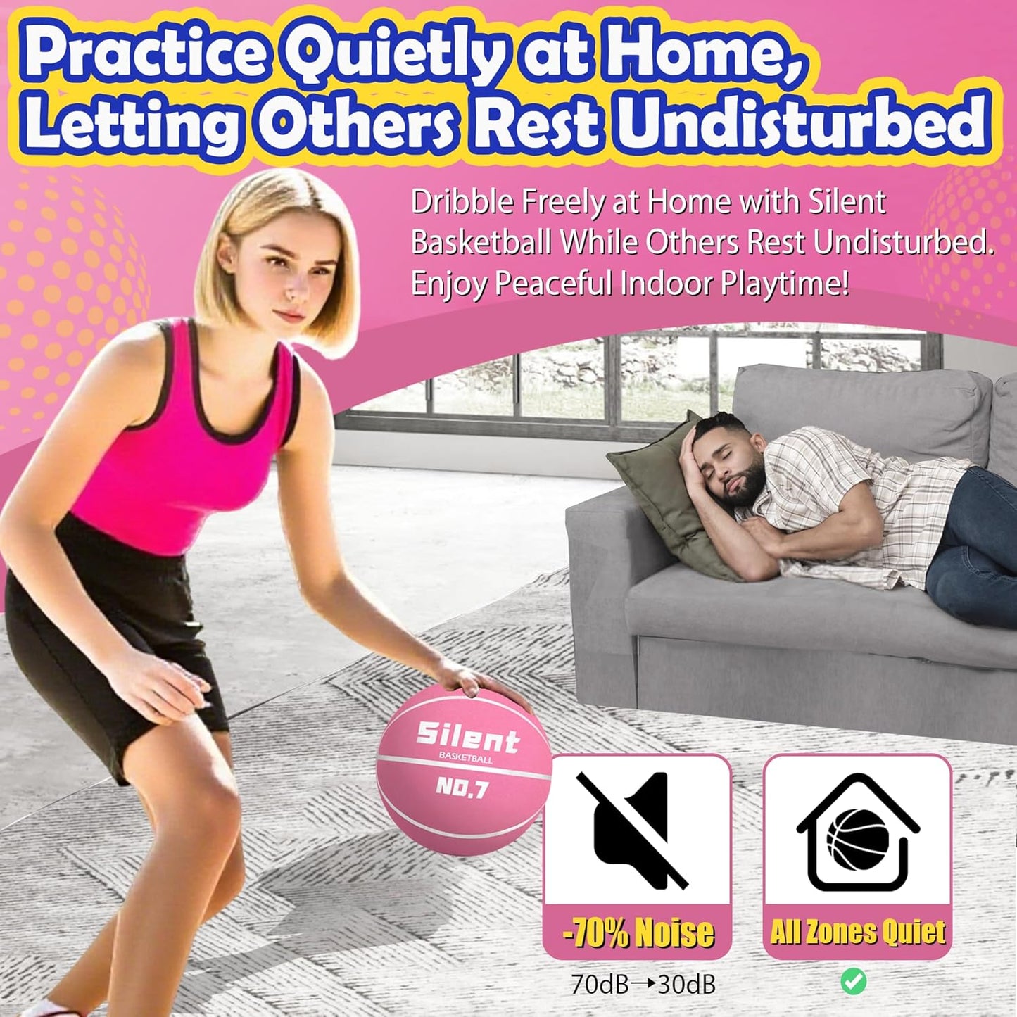 2025 Upgraded Silent Basketball Size 7 - Indoor Noiseless Airless Foam Basketball, Quiet Dribble Dream Training Ball with Soft Soundless Bounce-Pink