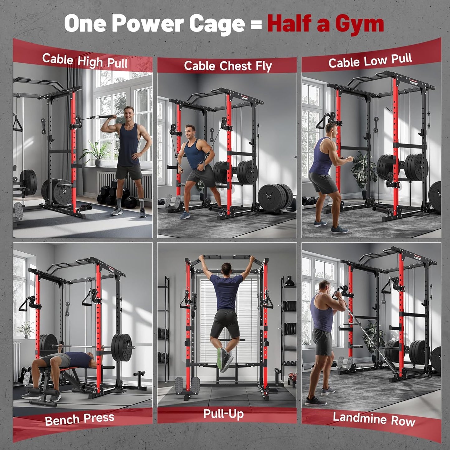 ARMAC Power Cage,1500lbs Multi-Function Power Rack with Adjustable Cable Crossover System and More Training Attachment, Weight Cage for Home Gym