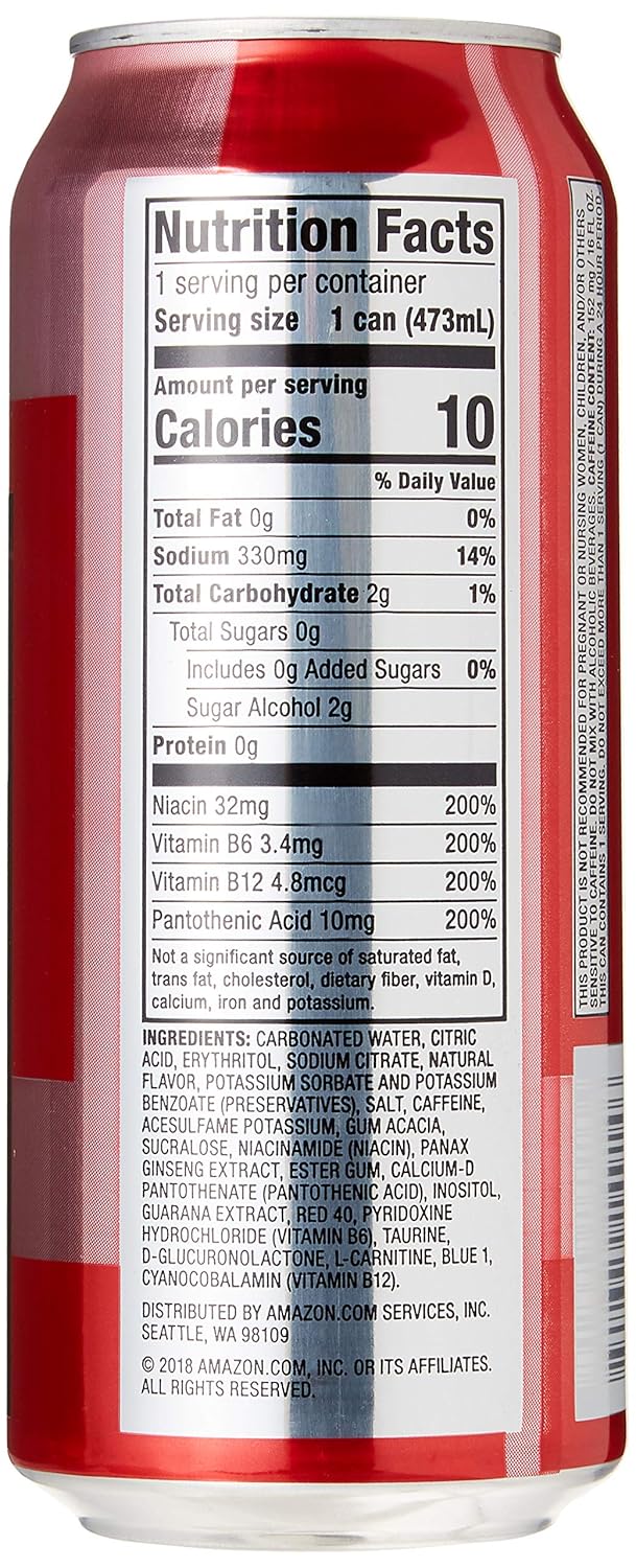 Amazon Brand - Solimo Red Energy Drink, Sugar-Free, Vegan, Low-Calorie, 16 fl oz (Pack of 12)