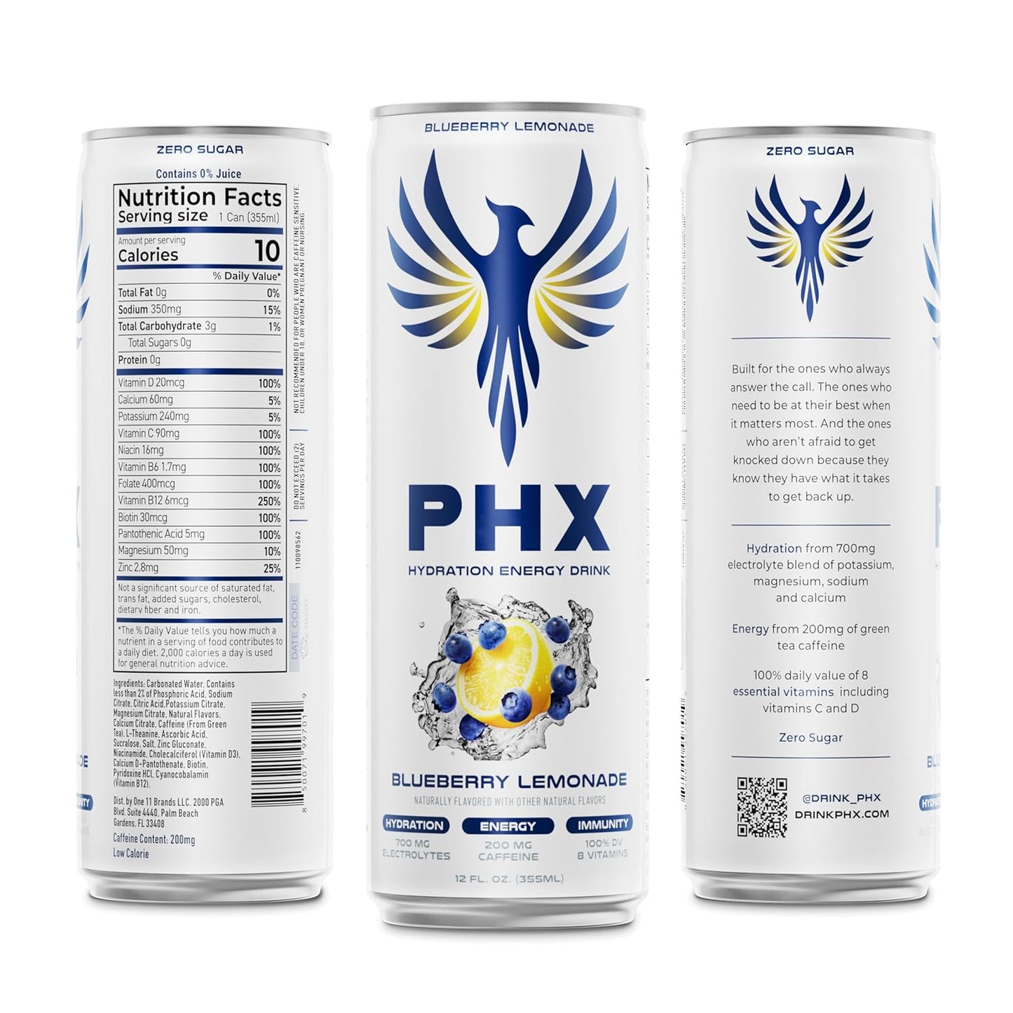 PHX Hydration Energy Drink - 700mg Electrolytes, 200mg Natural Green Tea Caffeine, 100% Daily Value 8 Essential Vitamins - 12 oz Cans (12 Pack) (12 Pack, Blueberry Lemonade)