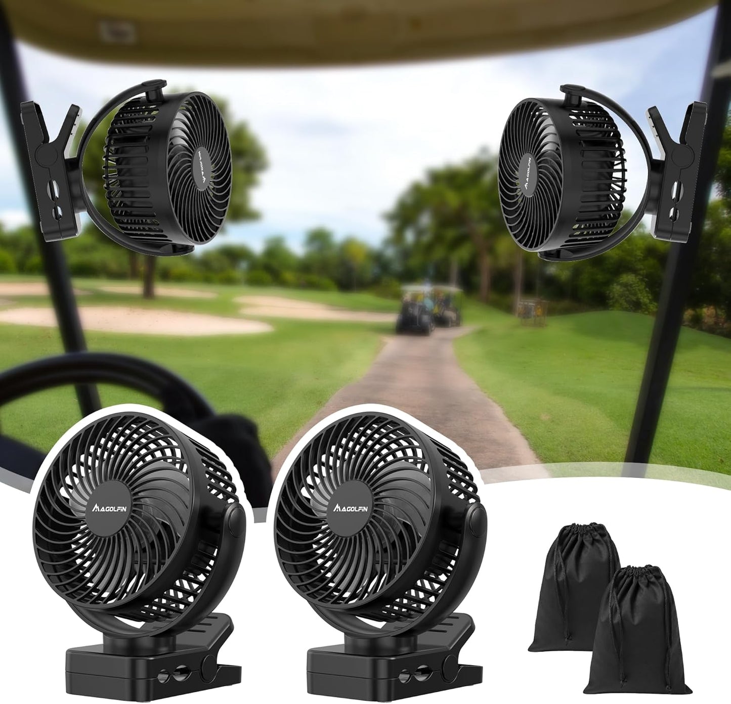 2-Pack Magnetic Clip on Fan for Golf Cart, 12000mAH Battery Operated Portable Fan with 3 Speeds, LED Lantern, Magnetic Base, Suitable for EZGO Club Car Yamaha, Golf Cart & Cruise Ship Accessories
