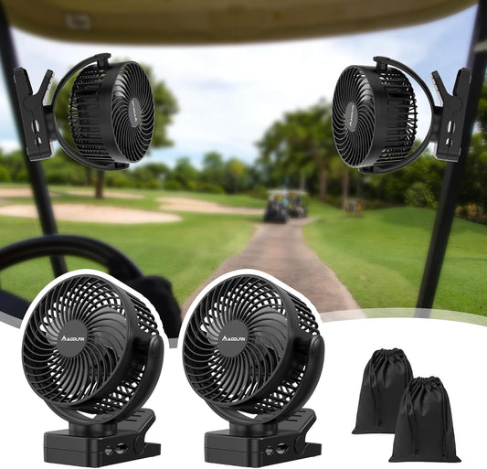 2-Pack Magnetic Clip on Fan for Golf Cart, 12000mAH Battery Operated Portable Fan with 3 Speeds, LED Lantern, Magnetic Base, Suitable for EZGO Club Car Yamaha, Golf Cart & Cruise Ship Accessories
