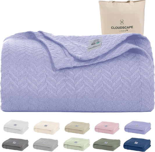 Cloud Scape Linen 100% Cotton Queen Size Blanket, Herringbone Pattern, Lightweight Summer Blanket,Best Gifts for Women, fits Full Size Bed, 92 x 92, Lavender Blue