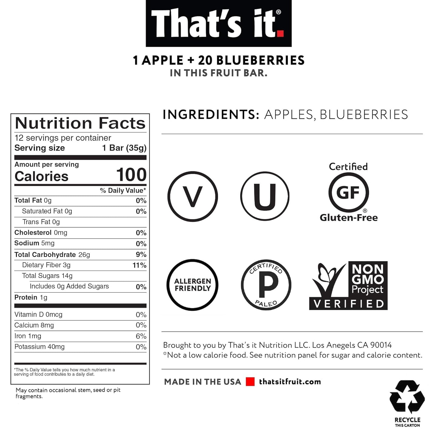 That's it. Apple + Blueberry 100% Natural Real Fruit Bar, Best High Fiber Vegan, Gluten Free Healthy Snack, Paleo for Children & Adults, Non GMO No Sugar Added, No Preservatives Energy Food (12 Pack)