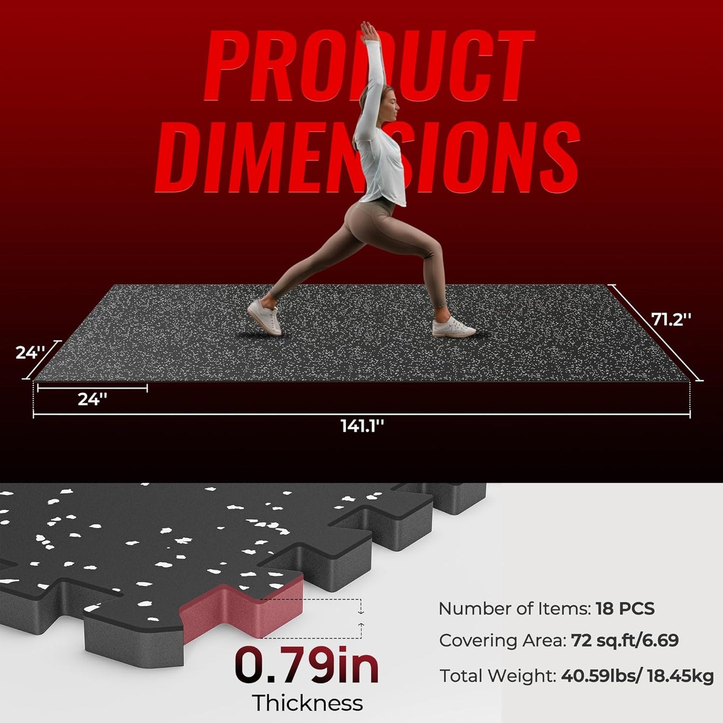 SUPERJARE 0.79'' Extra-Thick Exercise Equipment Mats, 18 Pcs 72 Sq Ft Rubber Top Floor Tiles with High Density EVA Foam, Interlocking Gym Flooring for Home Gym, Workout Mat, Black/Grey