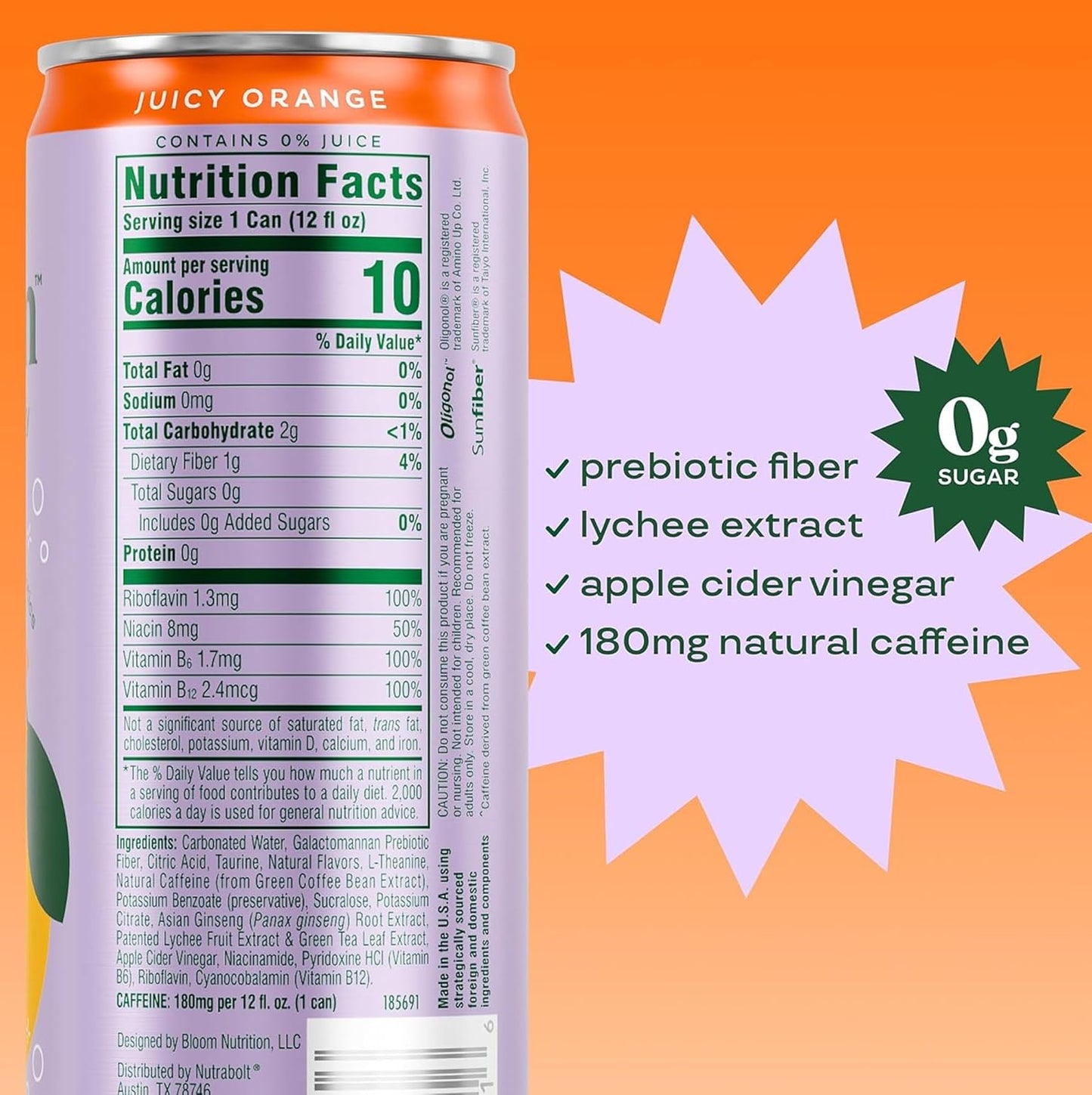 Bloom Nutrition Sparkling Energy Drink - Natural Caffeine, Zero Sugar, 180mg Caffeine - Antioxidant-Rich with Green Coffee Bean, Green Tea Extract, Prebiotics - Orange - 12oz 12 Pack