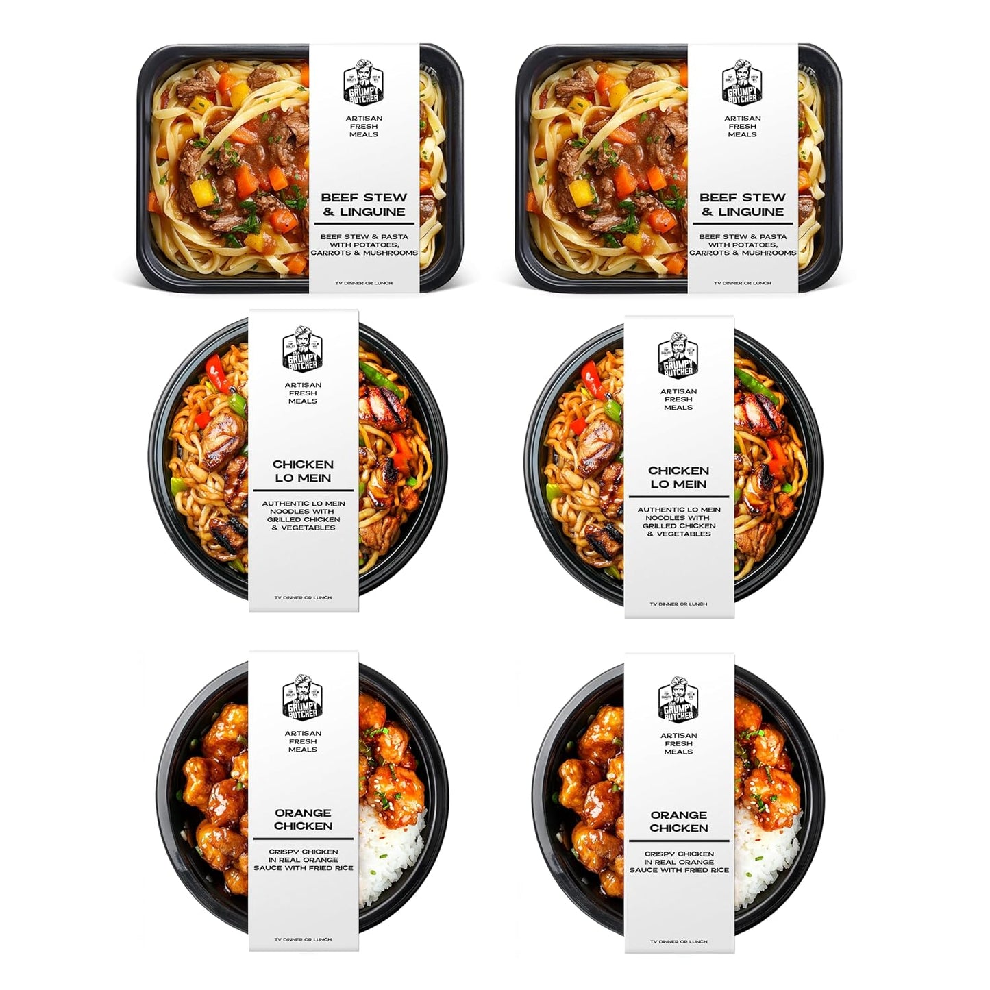 Grumpy Butcher East & West Meals Set – 6 Pack (10-15 oz each) – Beef Stew, Orange Chicken, Chicken Lo Mein – Restaurant-Quality Premade Meals Ready to Eat
