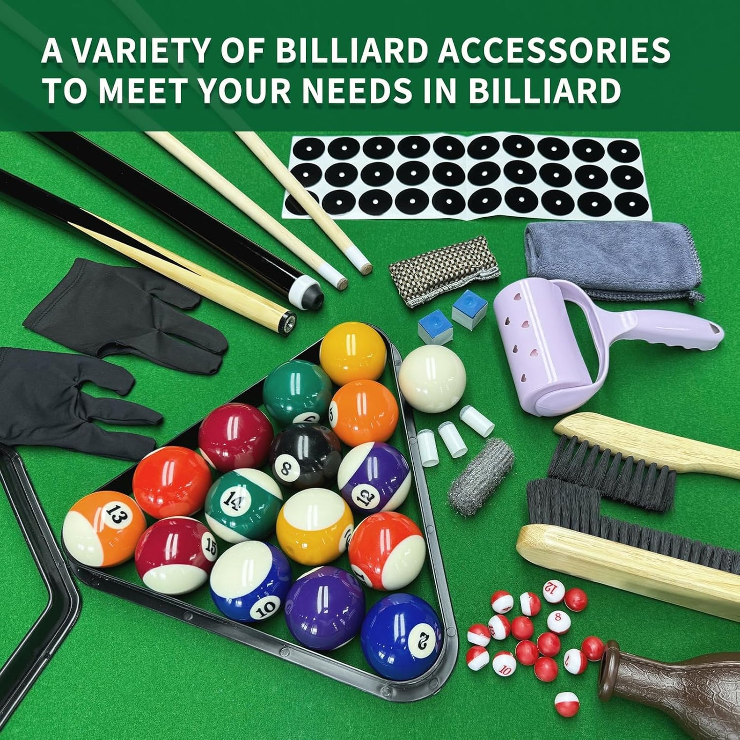 95pcs Pool Table Accessories Set - Balls, Triangle, Rack, Cue, Chalk, Tips, Stickers, Cloth, Brush & Cleaner Set
