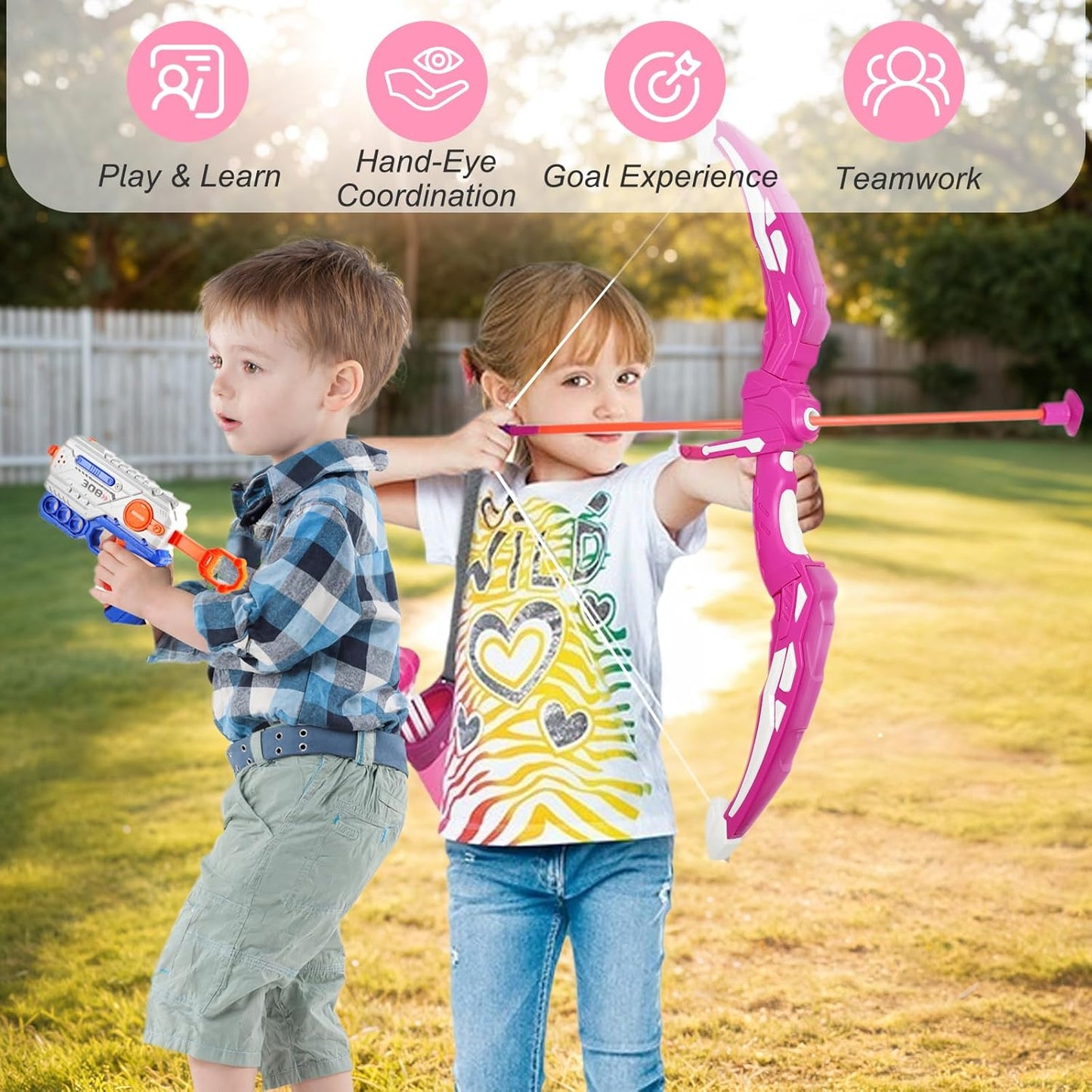 2 Pack Bow and Arrow Toy for Kids 3-8-12, LED Light Up Archery Set with Shooting Game Toy & Standing Target for Boys and Girls Age 5 6 7 8 9 10 11+, Indoor Outdoor Activity Toys for Birthday