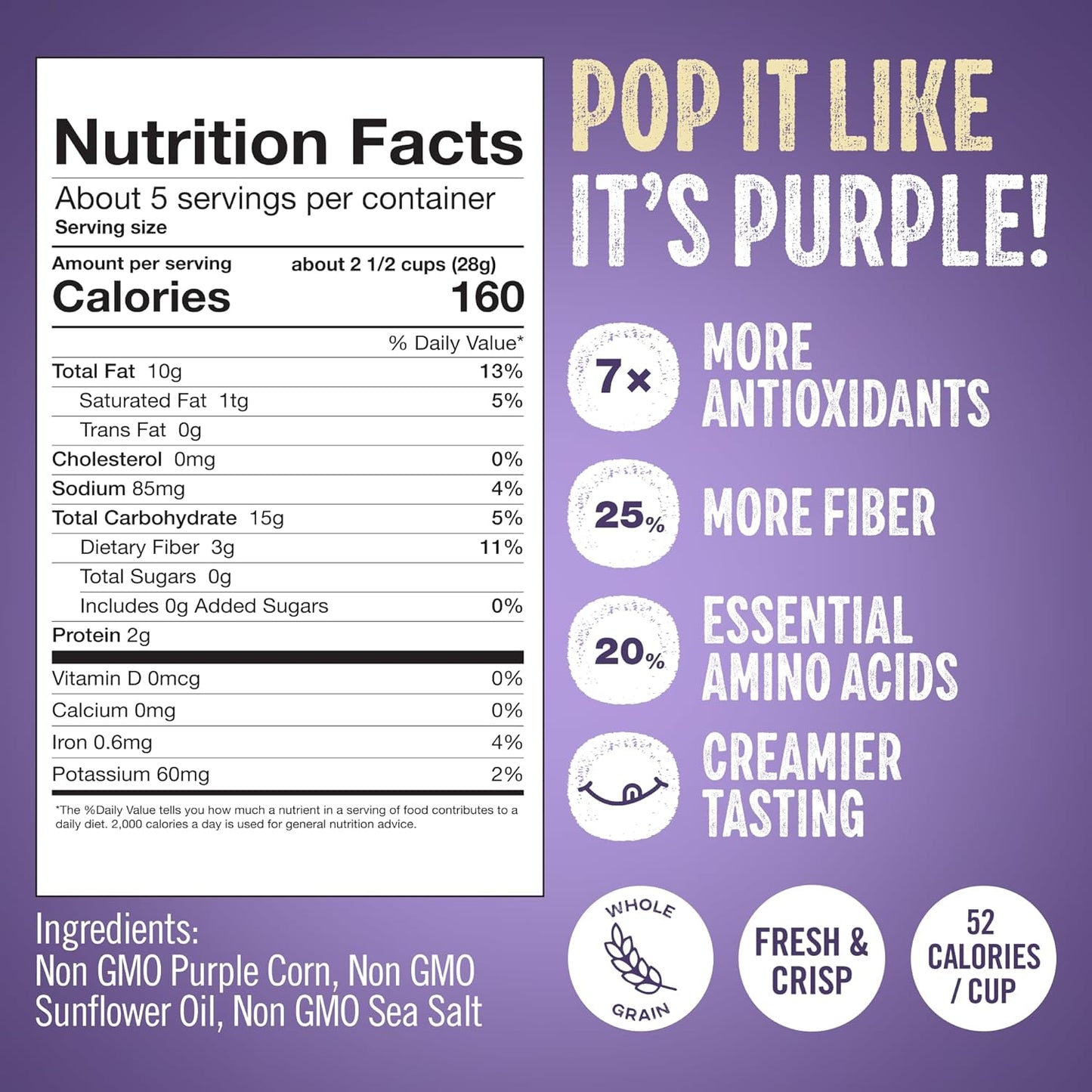 Purplesful Purple Corn Popcorn, Silkier, Creamier & Healthy Popcorn, Vegan-Friendly, Non-GMO, Flavorful Popped Corn Gourmet Snack, Sea Salt, Big Bulk Pack - 4.8 Oz Per Pack (Pack of 9)