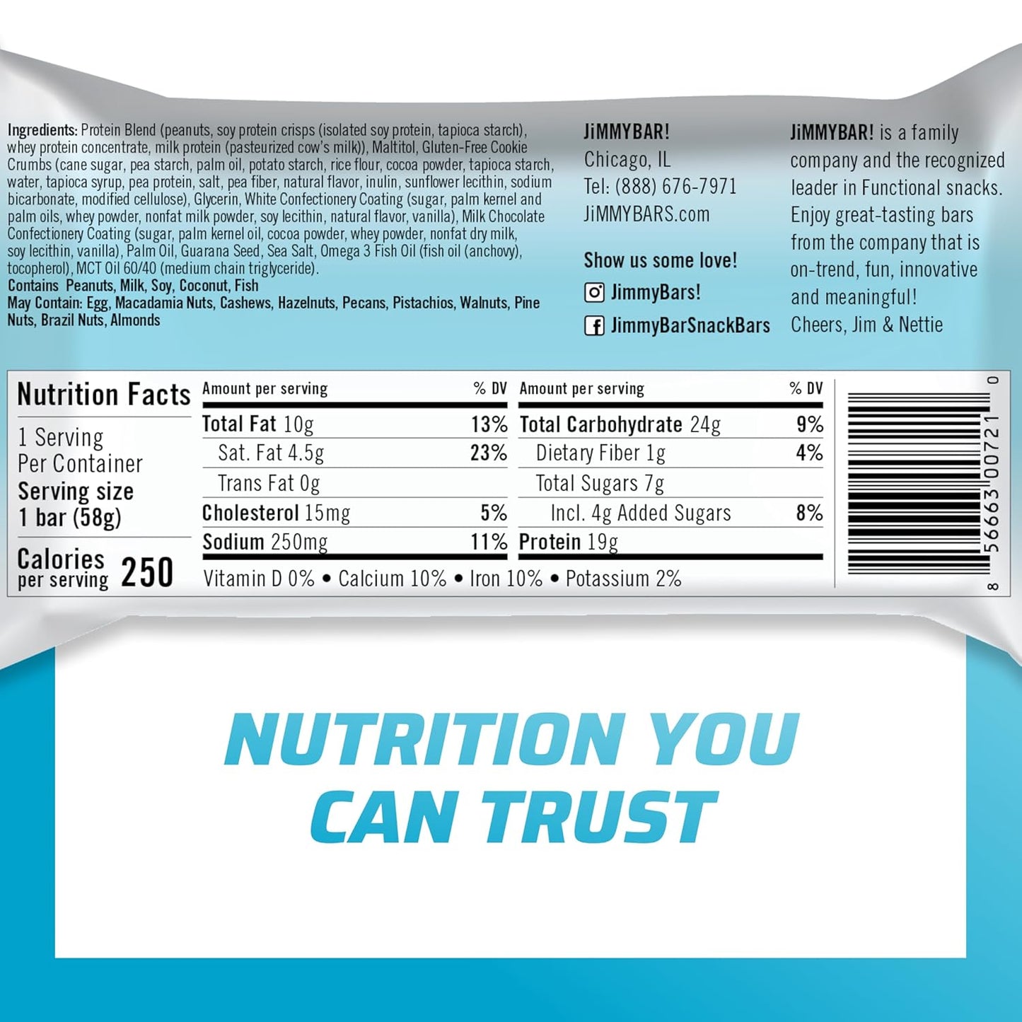 JiMMYBAR! - Cookies N Cream Protein Bars 19g Protein Bar - 7g Low Sugar - 12 Count - 58g Health Bars - Functional Snack with Real Food Ingredients - Hand-Drizzled Chocolate - Made With Real Peanuts