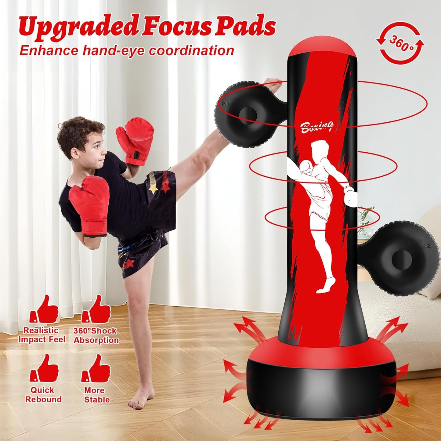 Punching Bag for Kids Teens Boys Girls, 69" Kids Punching Bag with Focus Pads & Gloves, Boxing Bag, Inflatable for Boys Girls Age 3-6-9-12-18 Christmas Birthday Toys