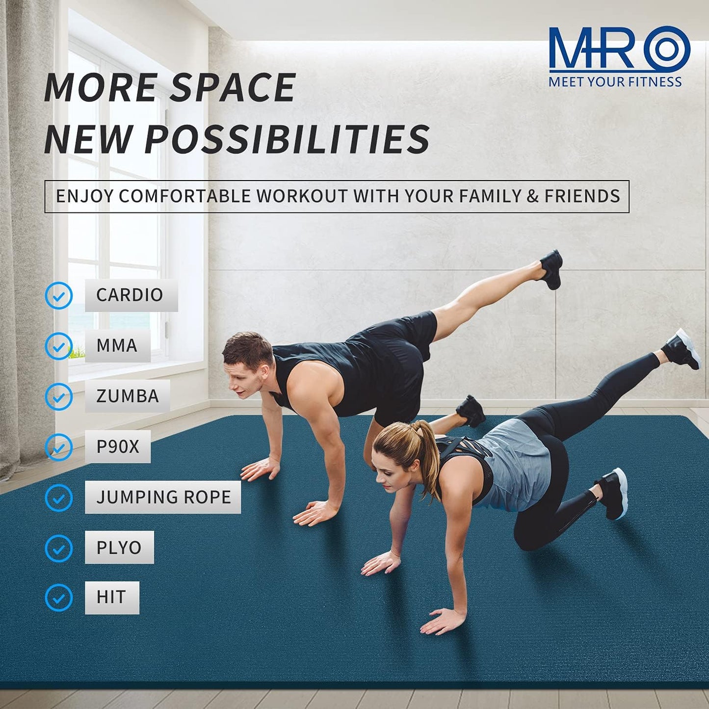 MRO Extra Large Exercise Mat 12'x7'/9'x7'/7'x7'/7'x5'(7mm), High-Density Workout Mats for Home Gym Flooring, Non-Slip, Extra Thick Durable Cardio Mat, Ideal for Plyo, MMA, Jump Rope - Shoe Friendly