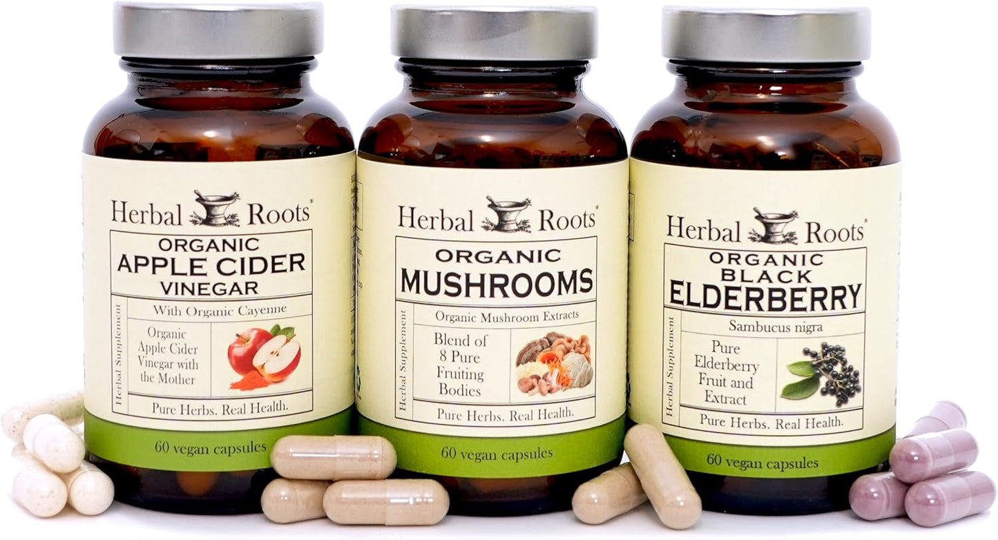 Herbal Roots Certified Organic Skin Health Trio, Apple Cider Vinegar, Fruiting Body Mushroom Blend, Black Elderberry,