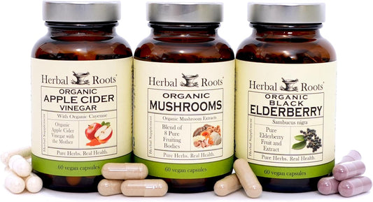 Herbal Roots Certified Organic Skin Health Trio, Apple Cider Vinegar, Fruiting Body Mushroom Blend, Black Elderberry,