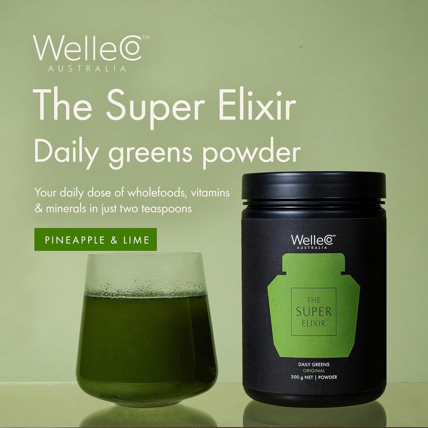WelleCo The Super Elixir Daily Greens Powder, Probiotic Drink Mix with Whole Foods, Gluten Free, Vegan Gut Health Powder, Energy, Immunity, Healthy Skin, Hair & Nails (300g, Pineapple & Lime Jar)