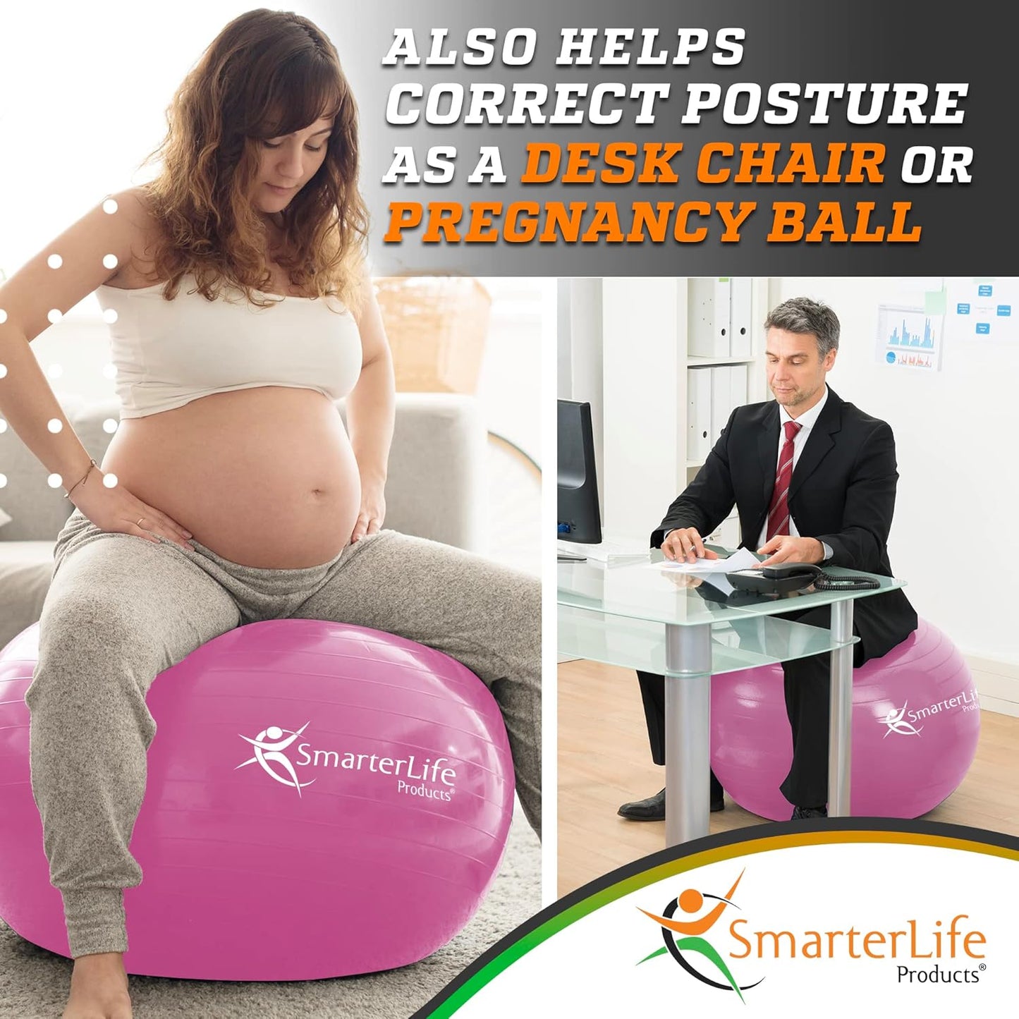 SmarterLife Exercise Ball Yoga Ball for Fitness, Balance, Stability, or Pregnancy, Gym Ball for Core Workout, Physical Therapy, Yoga Ball Chair for Office, Anti-Slip Anti-Burst