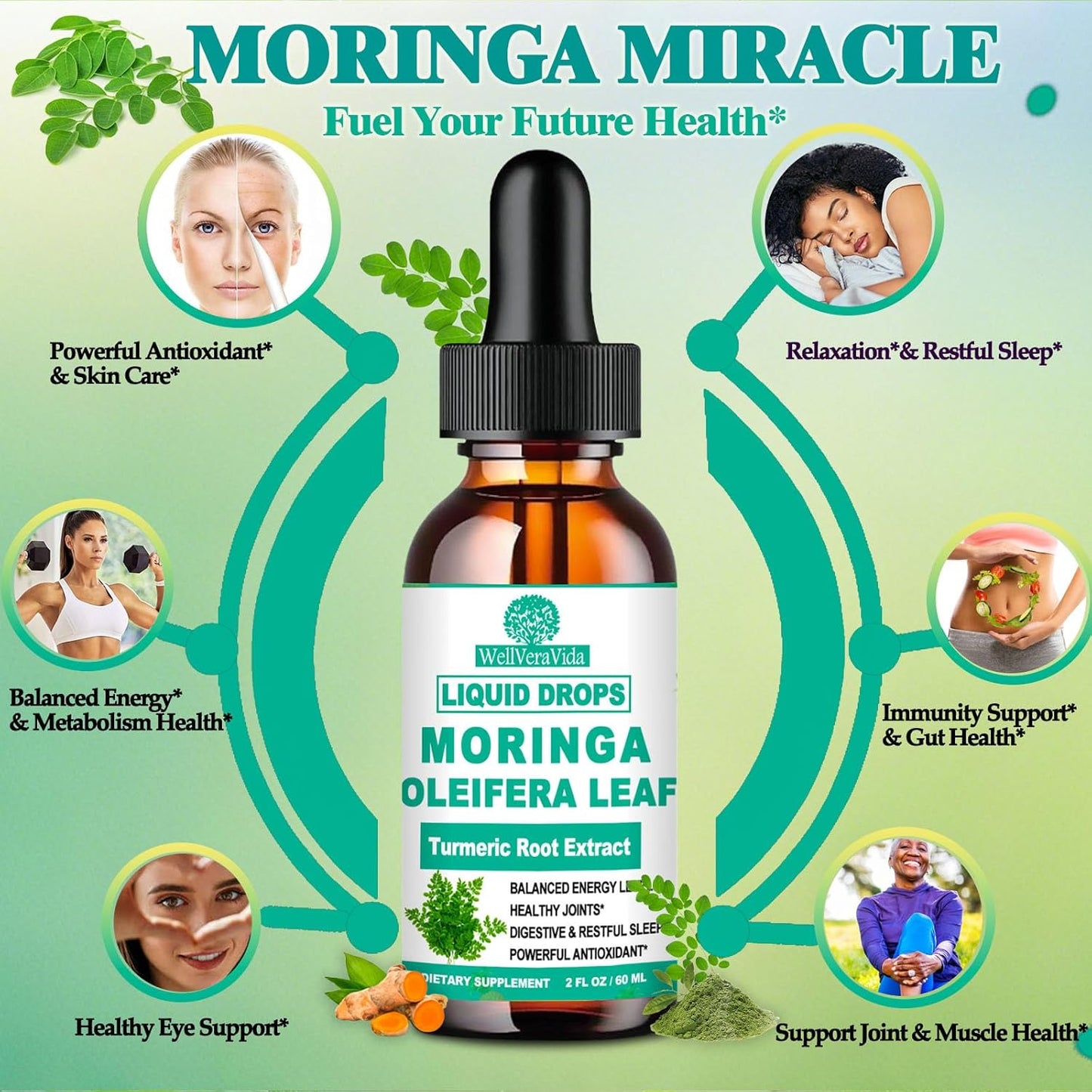 Organic Moringa Liquid Drops, Pure Moringa Oleifera Leaf Extract w. Turmeric, Black Pepper & Vitamin C E, Moringa Supplemens for Activates AMPK & GLP-1, Energy Antioxidant Skin Gut