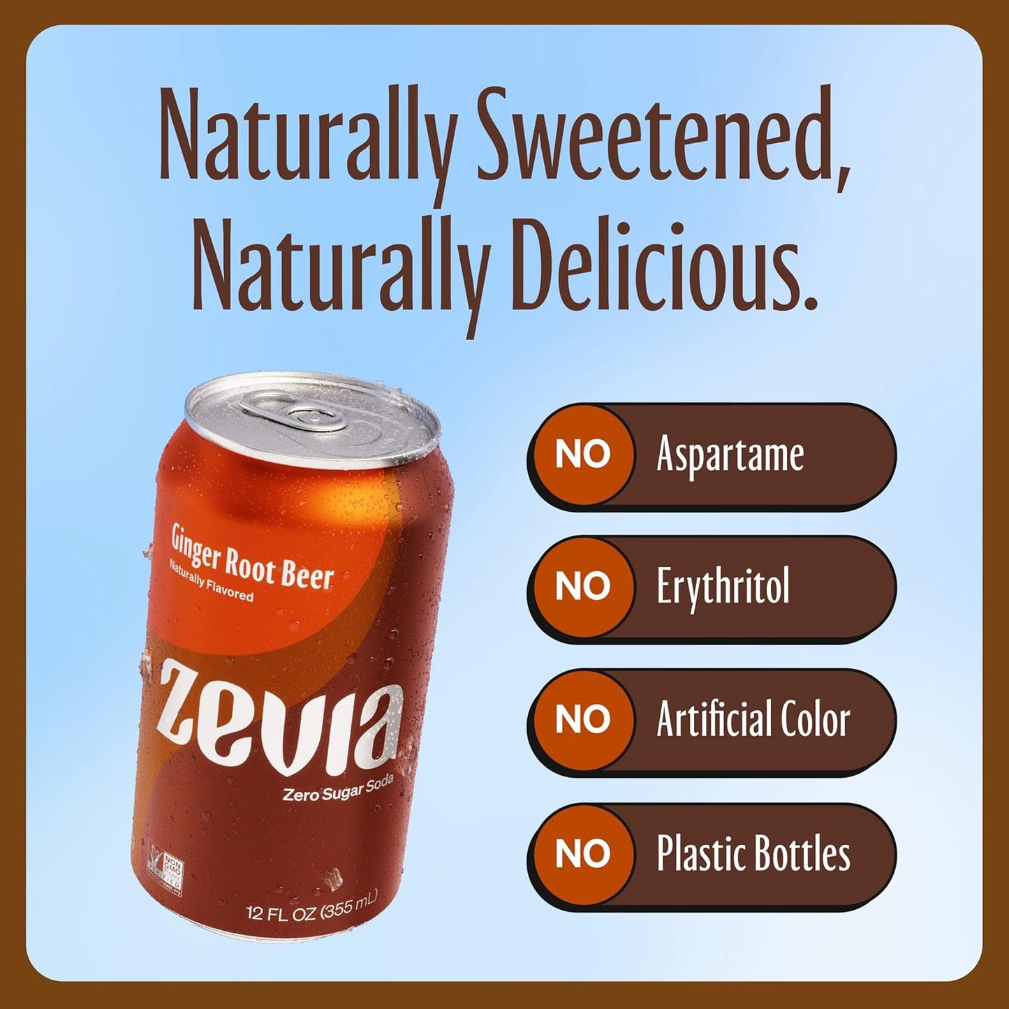 Zevia Zero Sugar Soda, Ginger Root Beer, 12 oz Cans (24-Pack) – Naturally Sweetened, Zero Calorie Sugar Free Soda - Non-GMO Project Verified, Gluten-Free, Vegan