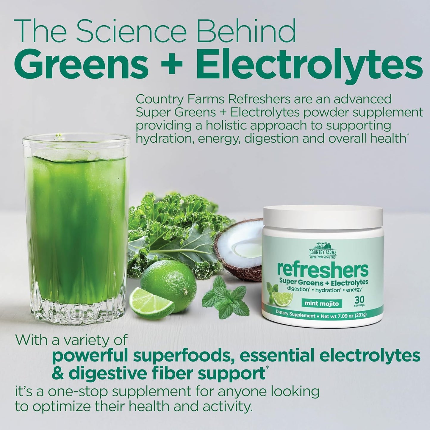 COUNTRY FARMS Refreshers, Super Greens and Electrolytes, Essential Minerals and Superfoods, Hydration Support, Promotes Natural Energy, with Fiber, Mint Mojito, 30 Servings