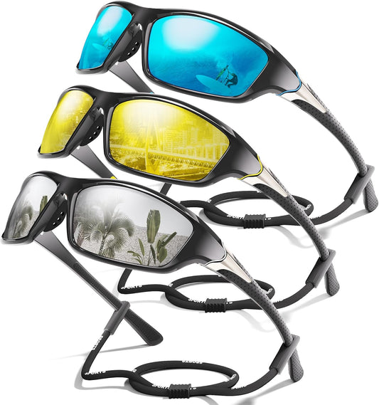 3 Pack Polarized Sports Sunglasses for Men, Mens Sunglasses Wrap Around UV400 Protection for Cycling Fishing Driving