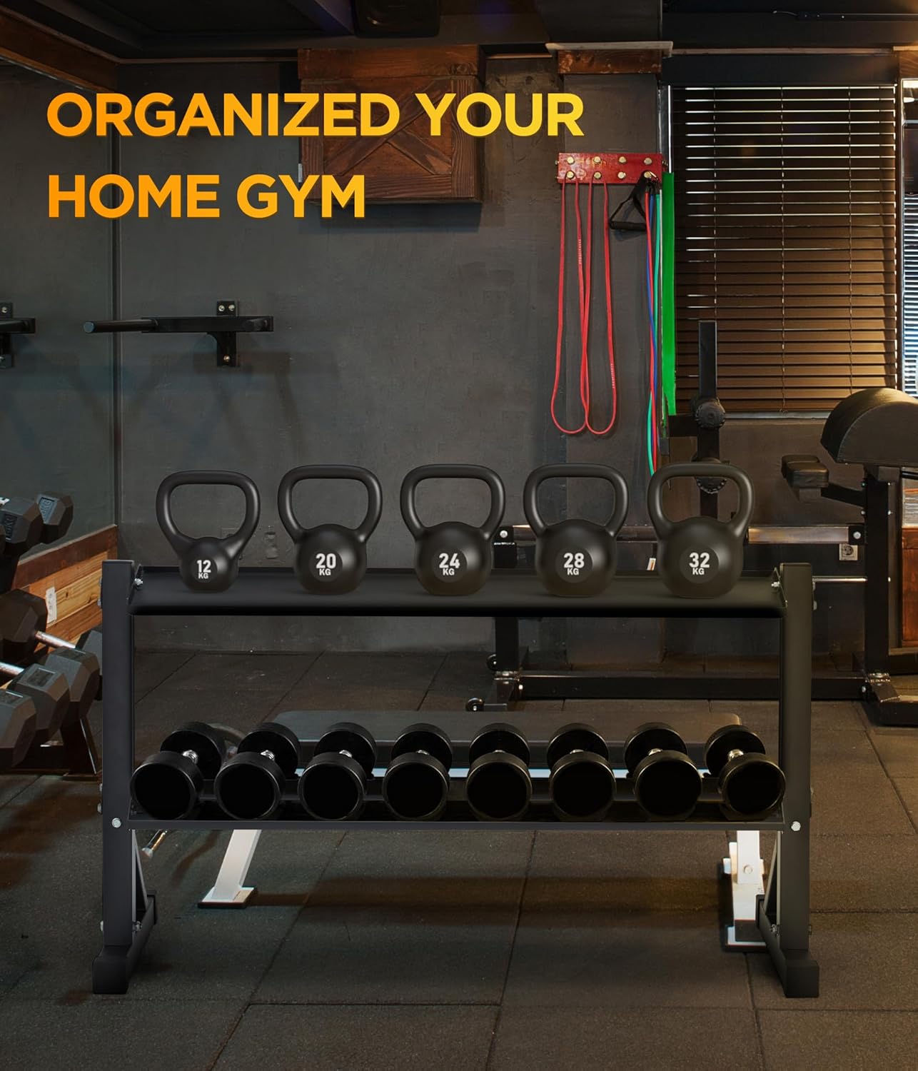 2-Tier 48" Dumbbell and Kettlebell Rack for Home Gym, 1000LBS Weights Storage for Free Weights, Dumbbells, Kettlebells and Medicine Ball