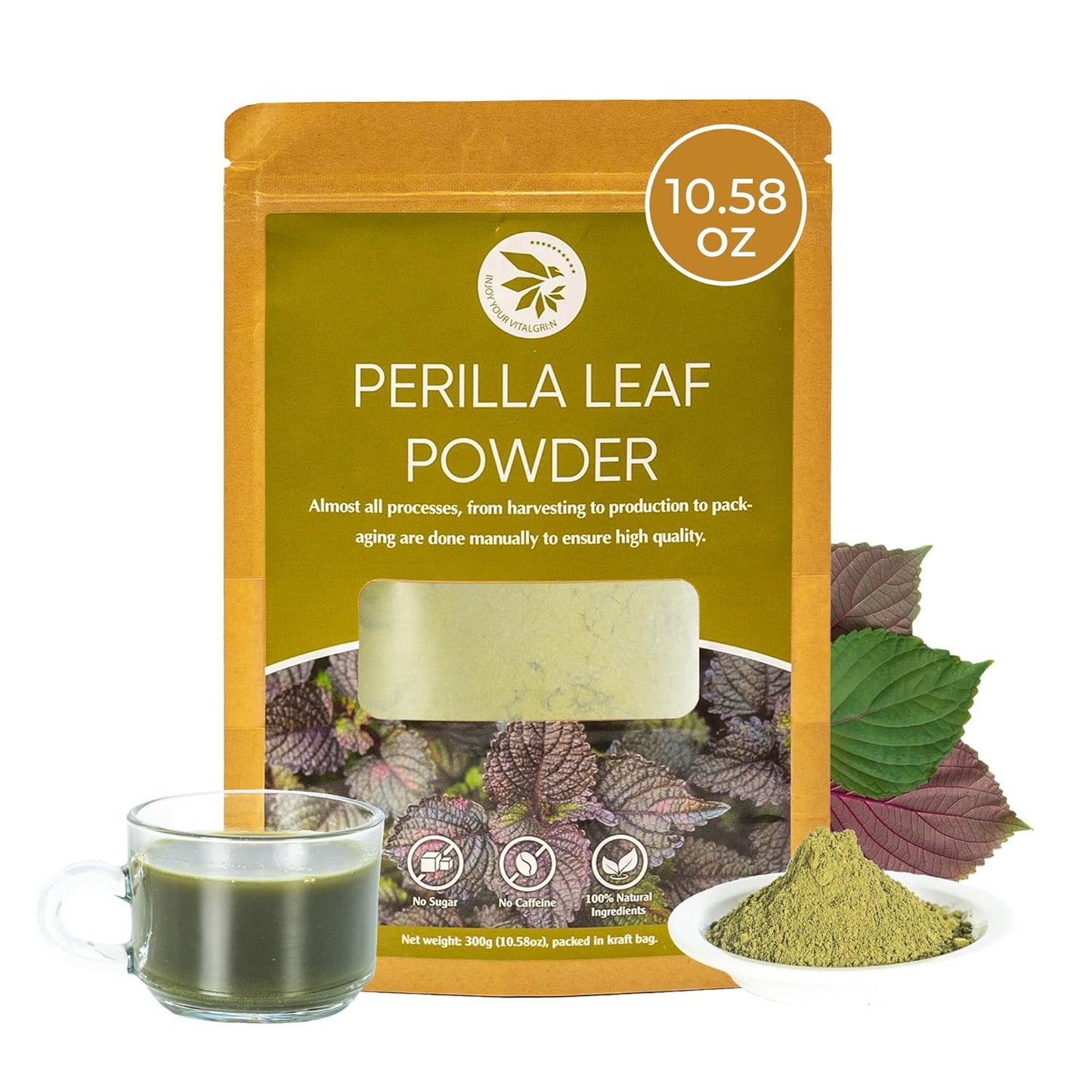 Perilla Leaf Powder (Shiso) - 10.58 oz, 100% Pure Dried Perilla Leaves, Herbal Drink & Culinary Ingredient, Rich in Nutrients, Immunity Supports, No Additives, No Caffeine, Gluten Free