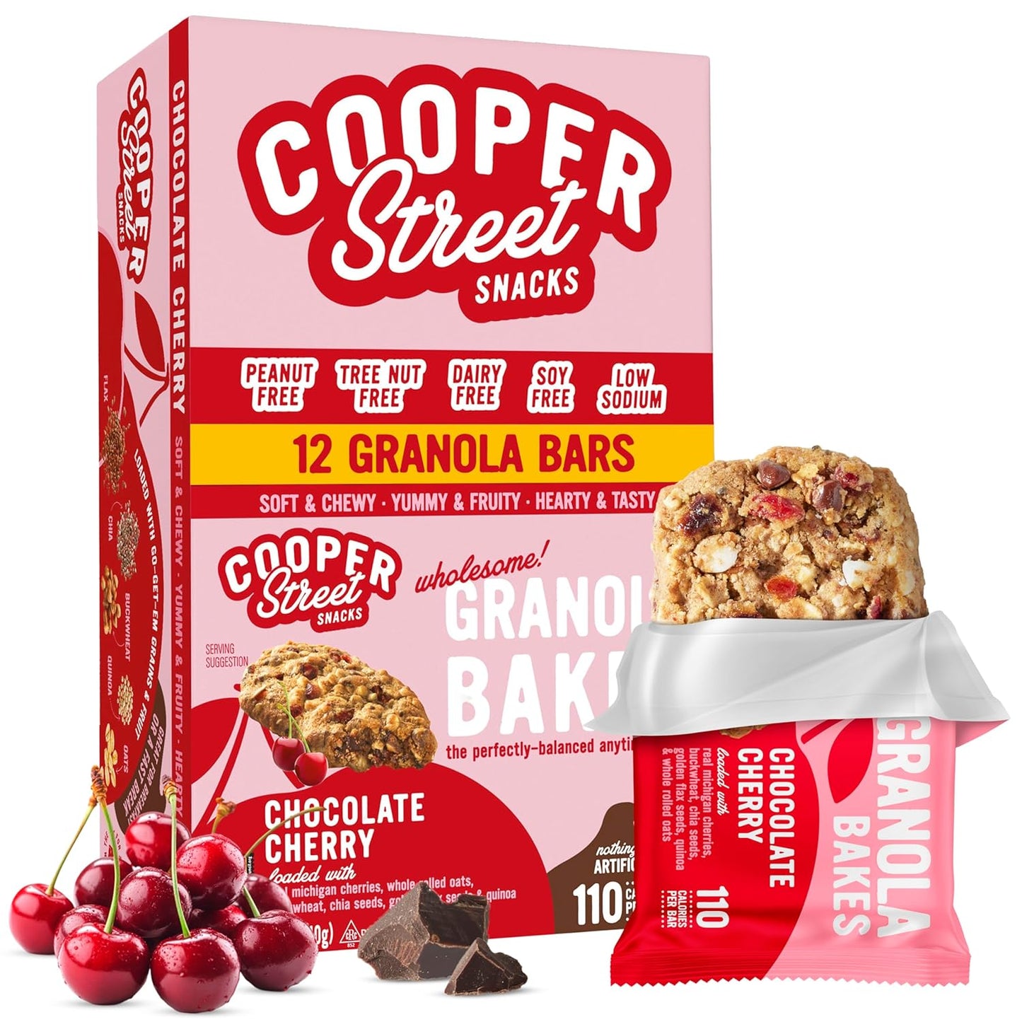 Cooper Street Chocolate Cherry Granola Bakes (12 pack) - Individually Wrapped Soft and Chewy Breakfast Granola Bars - Nut, Dairy & Soy Free - Great As Kids Snacks For School, Hiking Or Lunchbreak