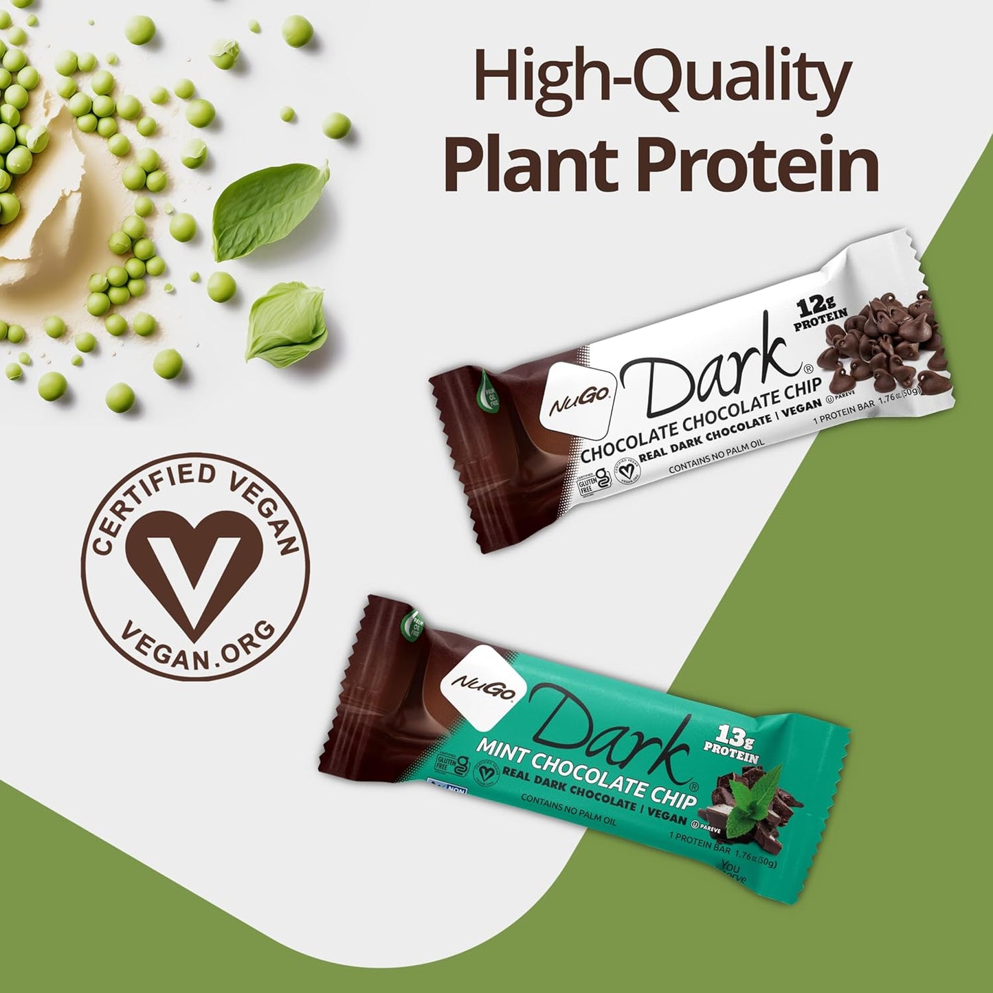 NuGo Dark Chocolate Chocolate Chip, 12g Vegan Protein, 200 Calorie, Gluten Free, 24 Count
