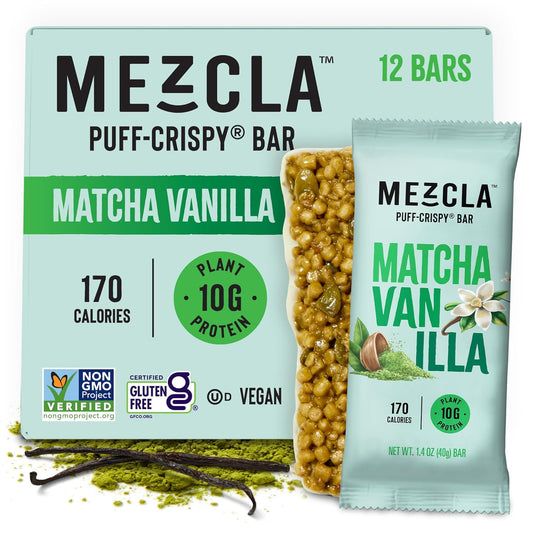 Mezcla Puff Crispy Protein Bars, Gluten Free & Vegan Protein Bars, 10g Protein, Alt for Crispy Rice Treat, Granola Bars & Breakfast Bars, Healthy Snacks for Adults, Matcha Vanilla, 12 Pack