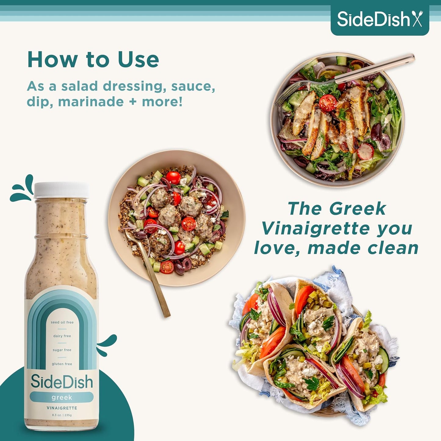 SideDish Zesty Greek Vinaigrette (Pack of 3) - Seed Oil, Dairy & Gluten Free Salad Dressing w/Avocado Oil - Refined Sugar Free, Healthy Greek Salad Dressing - Balsamic Paleo Marinade for Dips, Spread