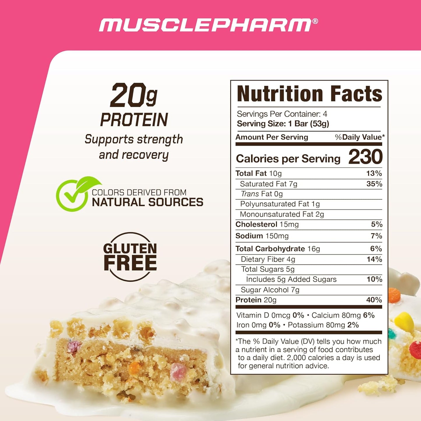 MusclePharm Combat Ready Protein Bar, Confetti Cake High Protein Bars, Combat Cravings, Fuel Performance & Meet Energy Demands, 20g Protein from Whey Protein, 4g Fiber, Gluten Free, 4 Bars