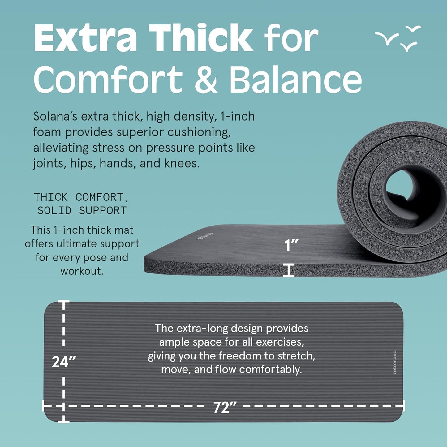 Retrospec Solana Yoga Mat 1" Thick With Nylon Carry Strap for Men & Women - Non Slip Exercise Mat for Home Yoga, Pilates, Stretching, Floor & Fitness Workouts