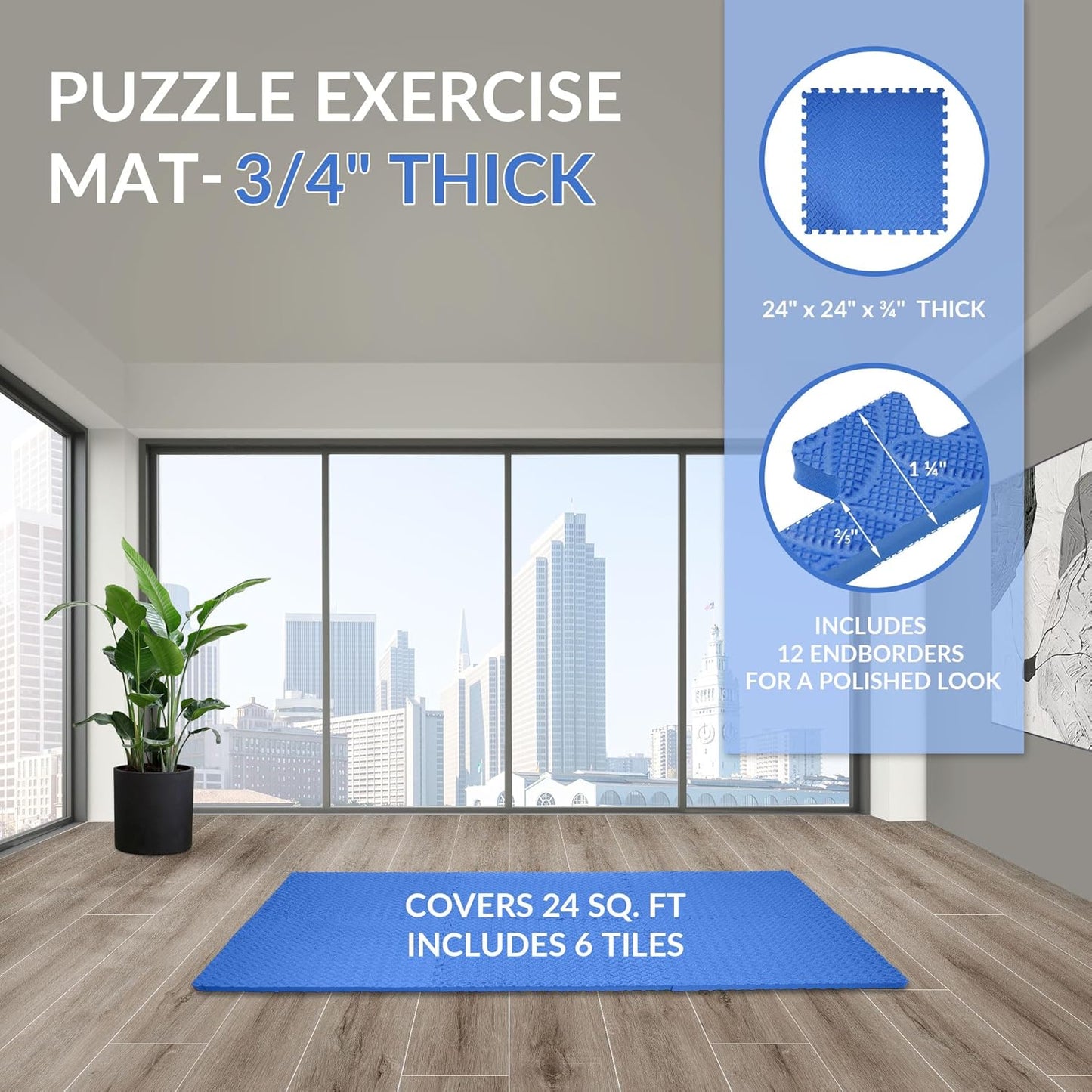 Puzzle Exercise Gym Flooring Mat, 3/4" Thick High-Density EVA Interlocking Tiles Workout Mat for Home Gym, Fitness Equipment, MMA, Gymnastics, 6-Piece Shock-Absorbing Exercise Mat (24 Sq Ft)
