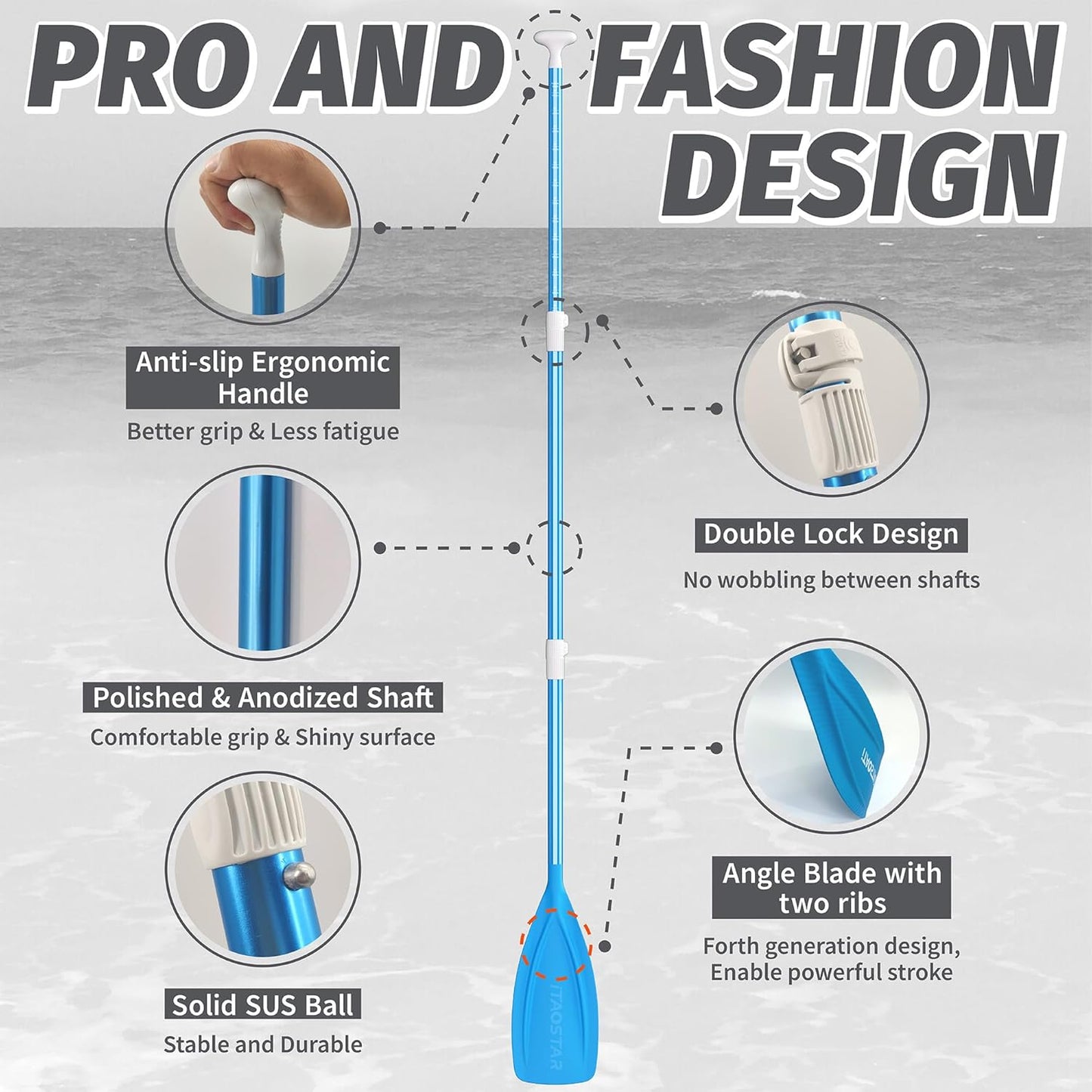 Paddle Board Paddle Detachable, Stand Up Paddle for Adults with Double Locks, Kayak Paddle Adjustable with Glass Fiber Blade, Floating Paddle Board Oar with Lightweight