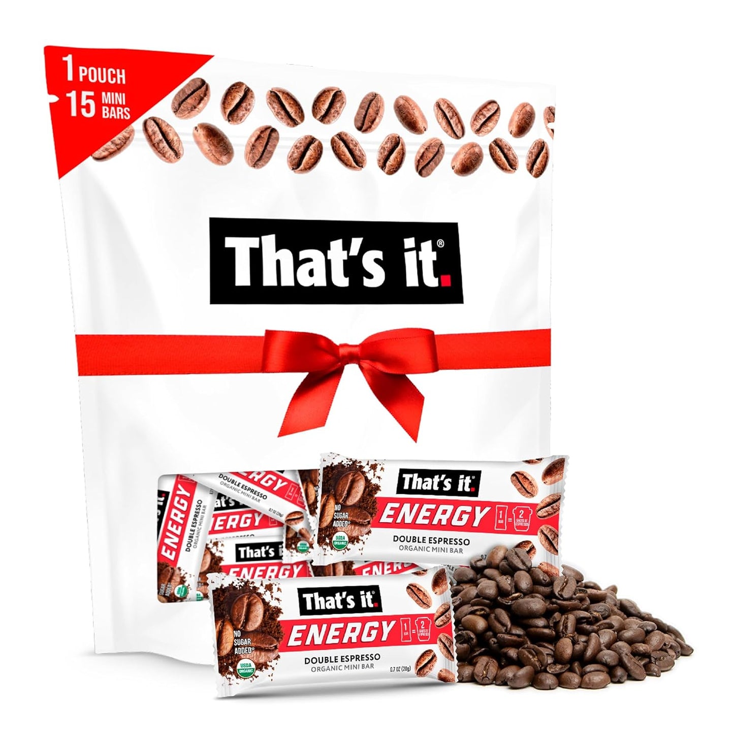That’s it. Organic Energy Coffee Mini Bars - (1 Mini Bar = 2 Espresso Shots) Grab and Go, No Added Sugars, Non-GMO, Caffeine Power Snack, Kosher, Allergy Friendly (Double Espresso - 15 Count)
