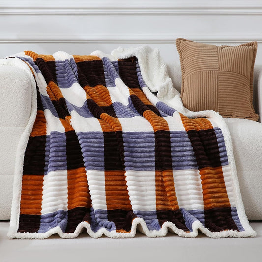 PU MEI Sherpa Blanket Twin Plaid Thick Bed Blanket, 80”*90” Super Soft Flannel Fuzzy Fleece Reversible Velvet Plush Warm Blanket for Couch (Brown Orange Check)