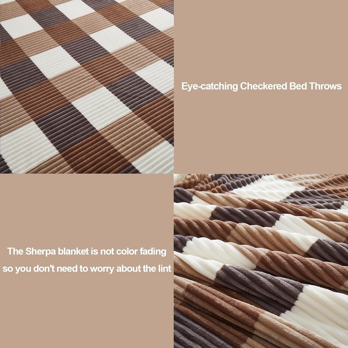 PU MEI Sherpa Blanket Full/Queen Plaid Thick Bed Blanket, 90”*80” Super Soft Flannel Fuzzy Fleece Reversible Velvet Plush Warm Blanket for Couch(Beige Check, 80"*90")