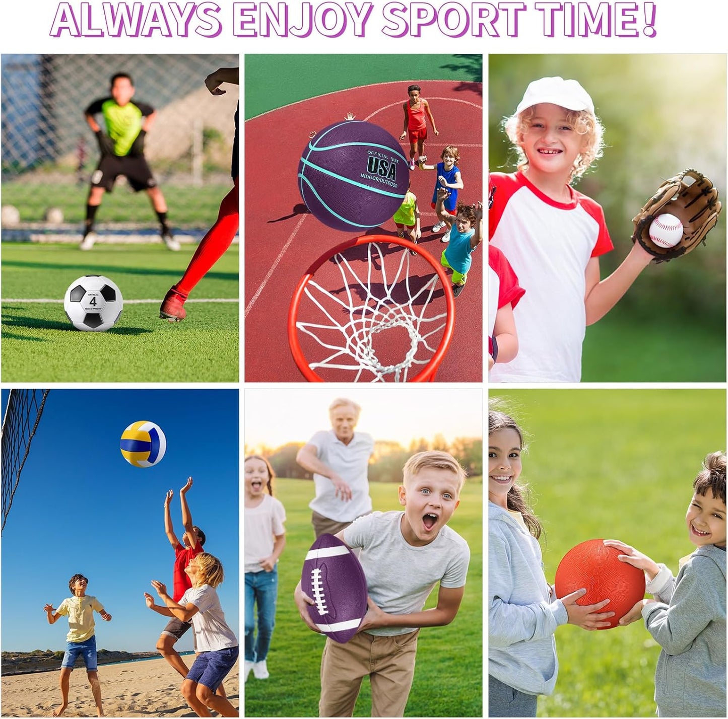 Realspring 6 Pcs Multi Sport Ball Set for Kid Teen Operation Christmas Official Size Football, Basketball, Soccer, Volleyball, Playground Ball, Baseball with Sports Equipment Bag Pump