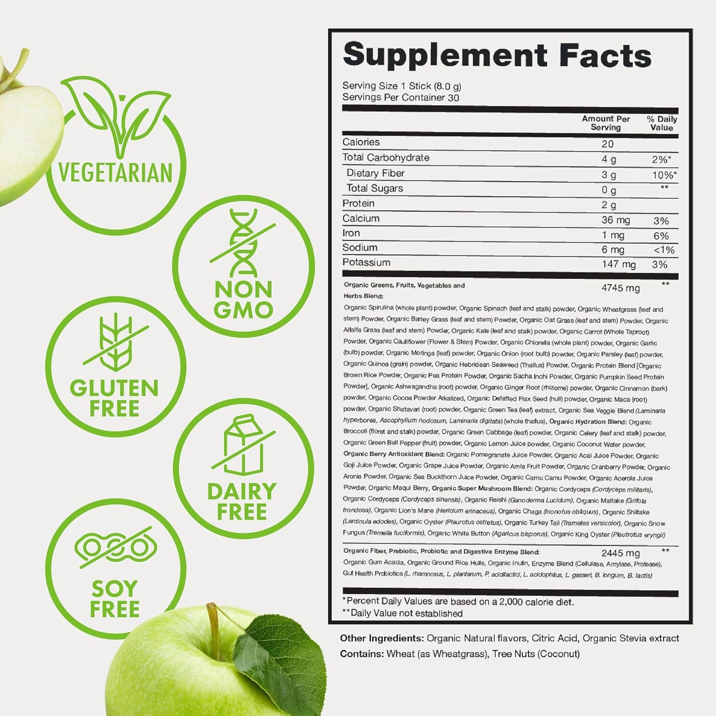 Zena Nutrition Organic Super Greens Powder, 70+ Superfoods, 0 Sugar, 3G Fiber, Spirulina, Chlorella, Antioxidants, Prebiotics/Probiotics, Digestive Enzymes, Green Apple, 30 Drink Mix Packets