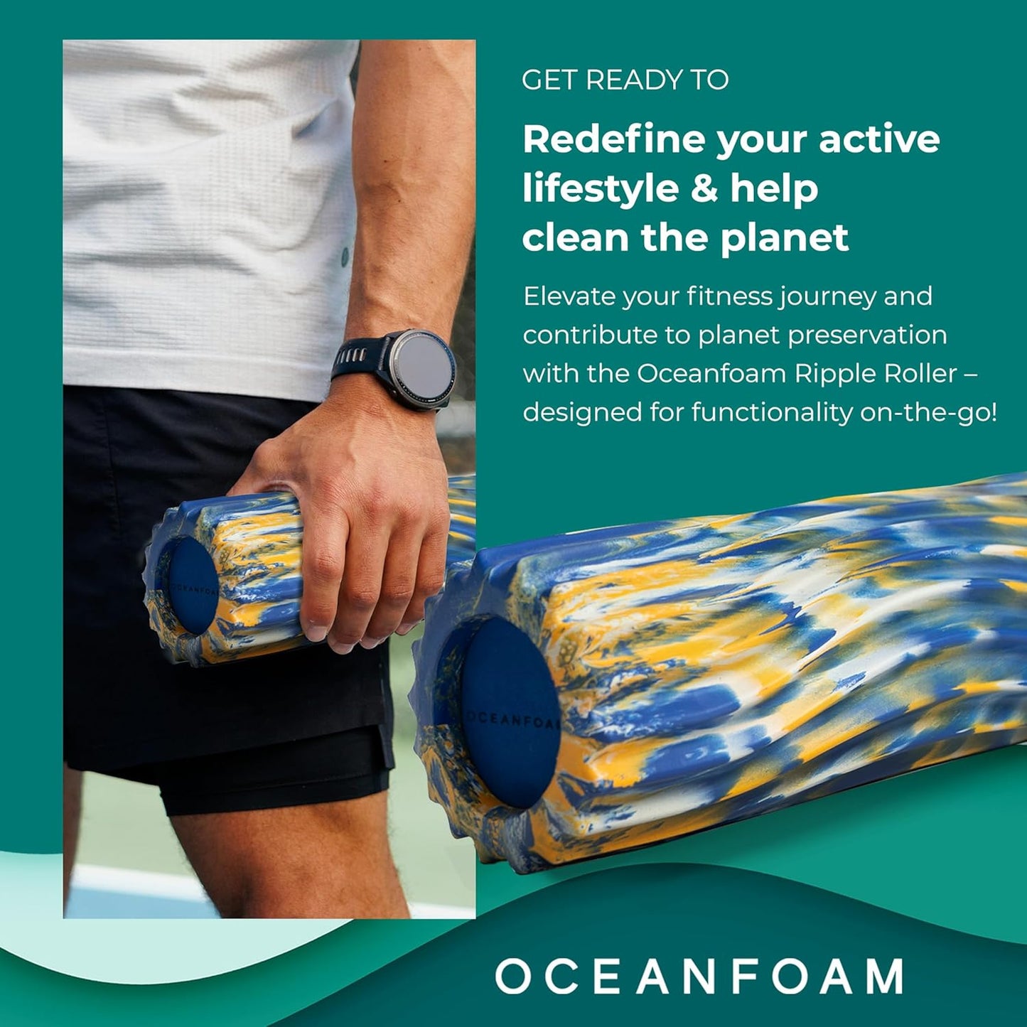 Oceanfoam Ripple Travel Foam Roller (11" x 3.35") Firm Mini Foam Roller for Physical Therapy, Deep Tissue Massage, Back Pain, High Density, Wave Textured, Yoga, Exercise (Royal Gold & Natural Marbled)