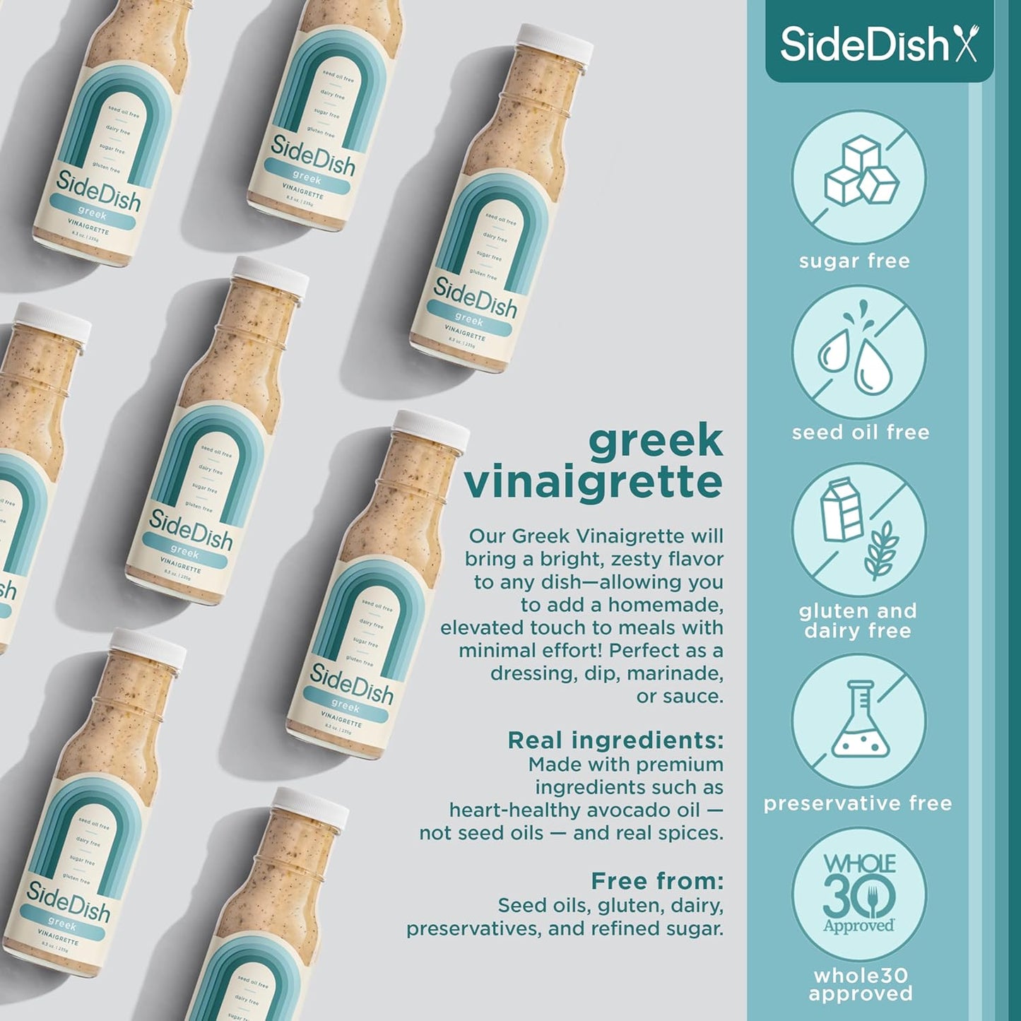 SideDish Zesty Greek Vinaigrette (Pack of 3) - Seed Oil, Dairy & Gluten Free Salad Dressing w/Avocado Oil - Refined Sugar Free, Healthy Greek Salad Dressing - Balsamic Paleo Marinade for Dips, Spread