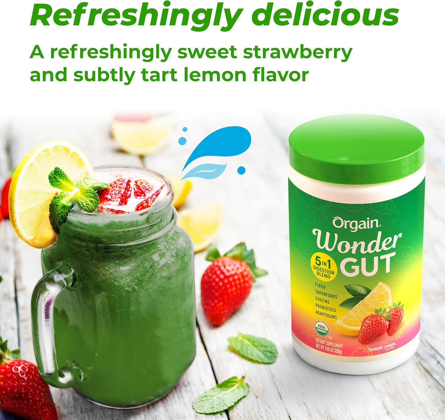 Orgain Organic Wonder Gut Fiber Supplement Powder, 5 in 1 Blend with 1 Billion Probiotics, Greens, Vitamin C, Adaptogens for Gut Health and Immune Support, Non-GMO, Strawberry Lemonade, 7.05 oz
