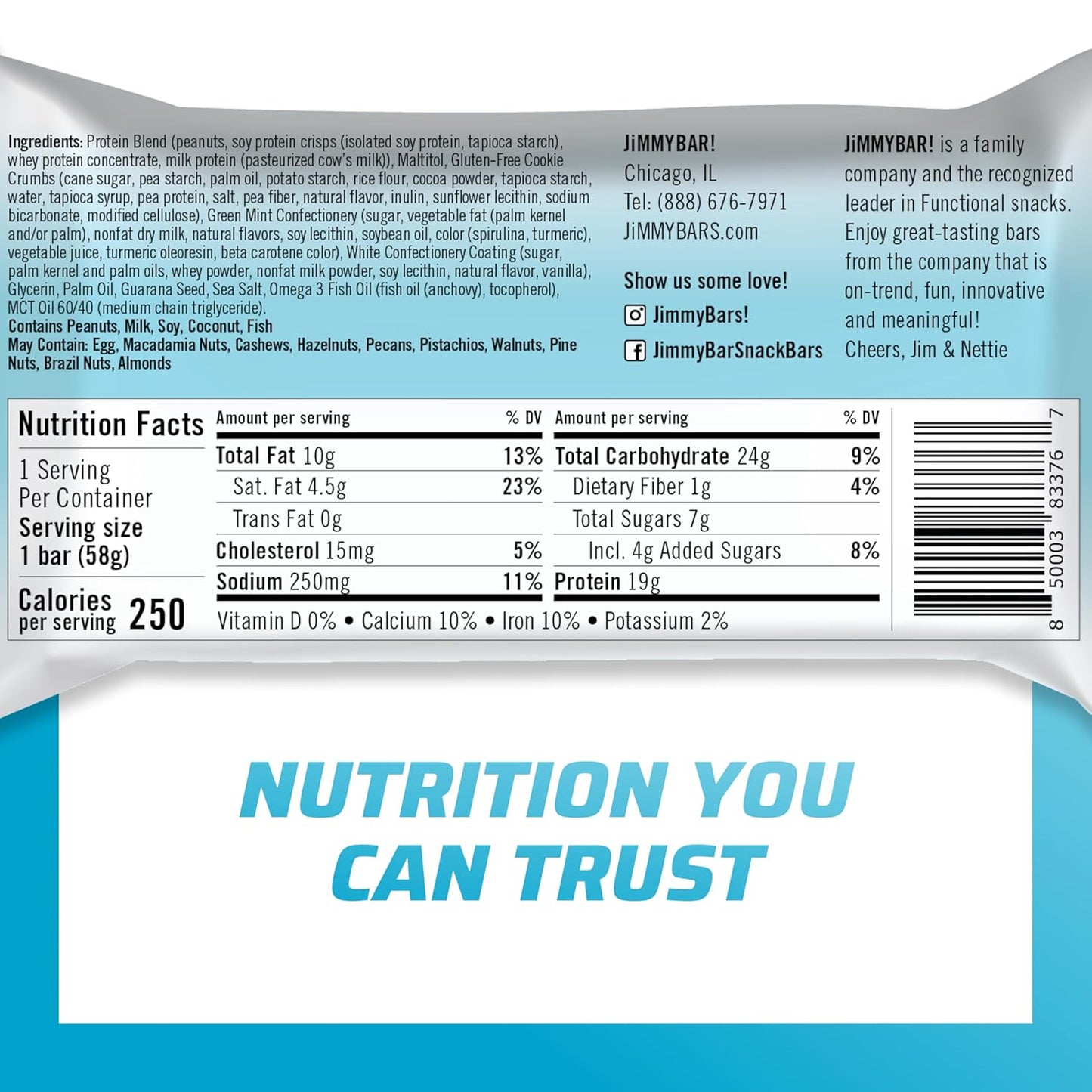 JiMMYBAR! Mint Cookies N Cream - 19g Protein Bars - 7g Low Sugar- 12 Count - 58g Health Bars - Functional Snack with Real Peanut Butter & Hand-Drizzled Chocolate Protein Bar